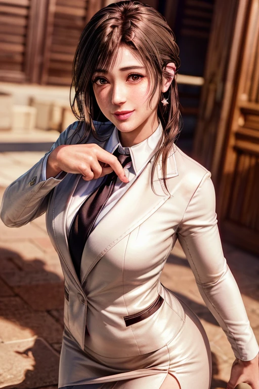 highest quality, Perfect Face, Complex, Beautiful views, Ultra-realistic 8K CG,Perfect artwork, 1 Female, Sayuri, Droopy eyes, Wink, smile, Throw kiss, alone, Female teacher-like appearance, White business suit, Light brown tie, Long pencil skirt, alone, Side lighting, Shallow and sharp depth of field, Realistic