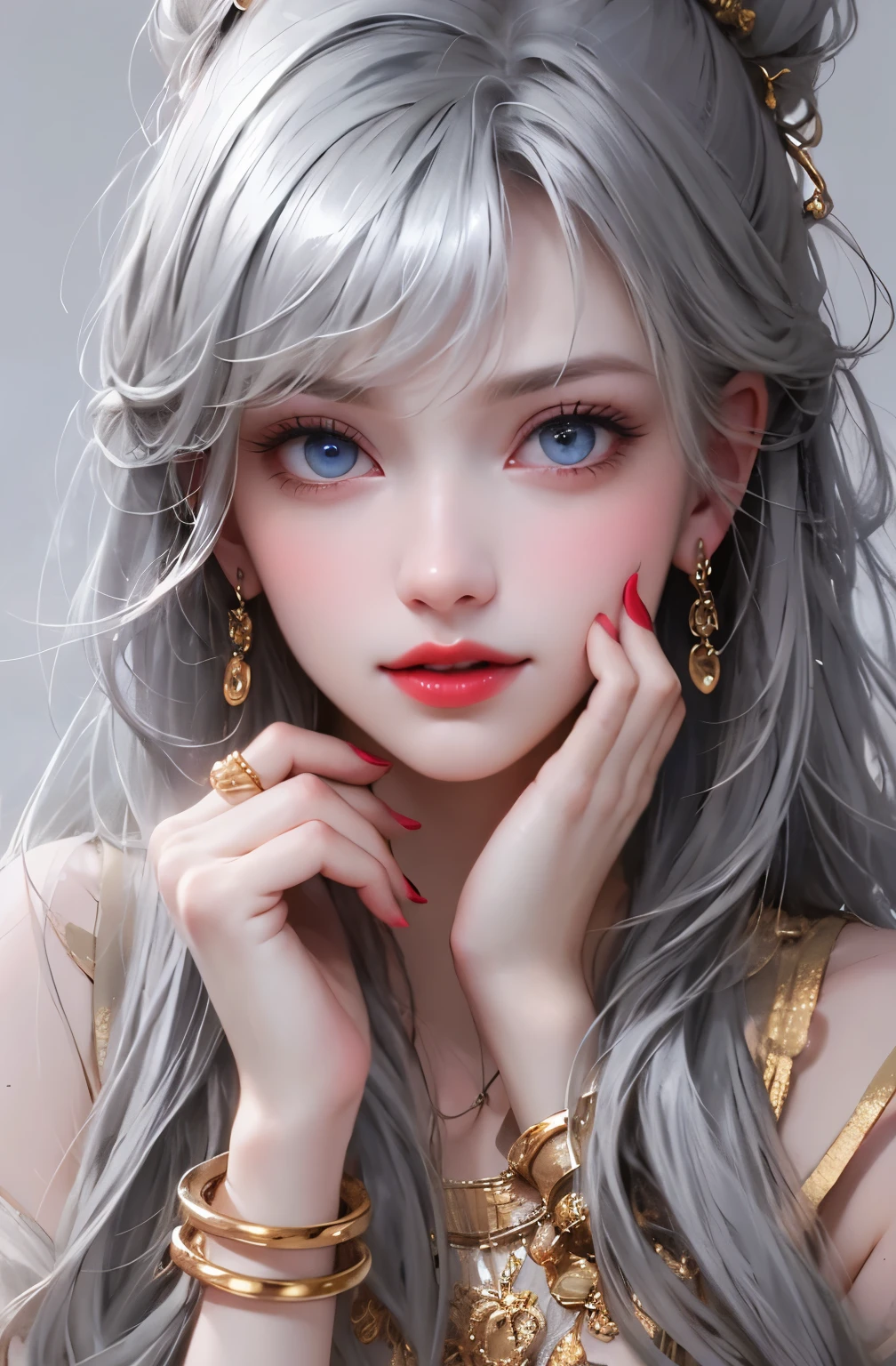 Beauty、 One girl, alone, Long Hair, View your viewers, smile, blue eyes, hair ornaments, White Background, jewelry, Gray Hair, Mouth closed, Blunt bangs, Manicure, bracelet, lips, Grey Eyes, Portraiture, Red nails, close, red lips, put your hand on your face, Put your hand on your cheek,(Mature Woman),(Shiny skin),((Steaming body))