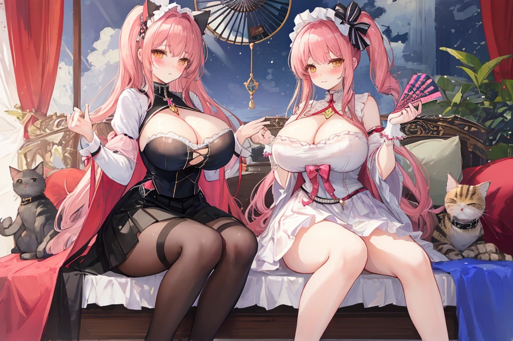 Two big  woman，Beautiful woman，Cat，Magical girl，(Double)，Western Fantasy，Lolita skirt，Transparent tops，Exquisite，Showing off the smooth lower chest，Cleavage，Slim waist，Perfect long legs，(Blush:1.2)，Sitting，Fan meetup，