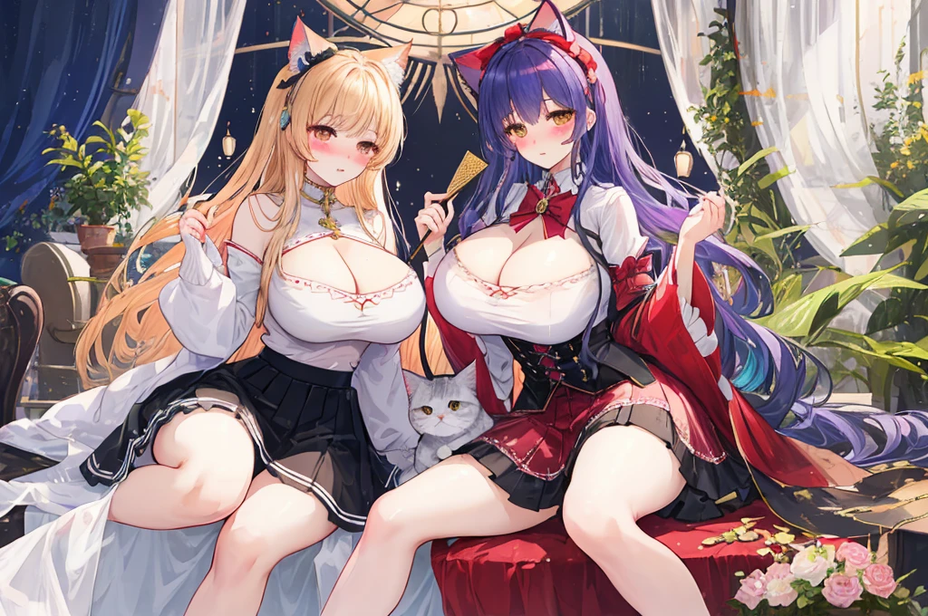 Two big  woman，Beautiful woman，Cat，Magical girl，(Double)，Western Fantasy，Lolita skirt，Transparent tops，Exquisite，Showing off the smooth lower chest，Cleavage，Slim waist，Perfect long legs，(Blush:1.2)，Sitting，Fan meetup，