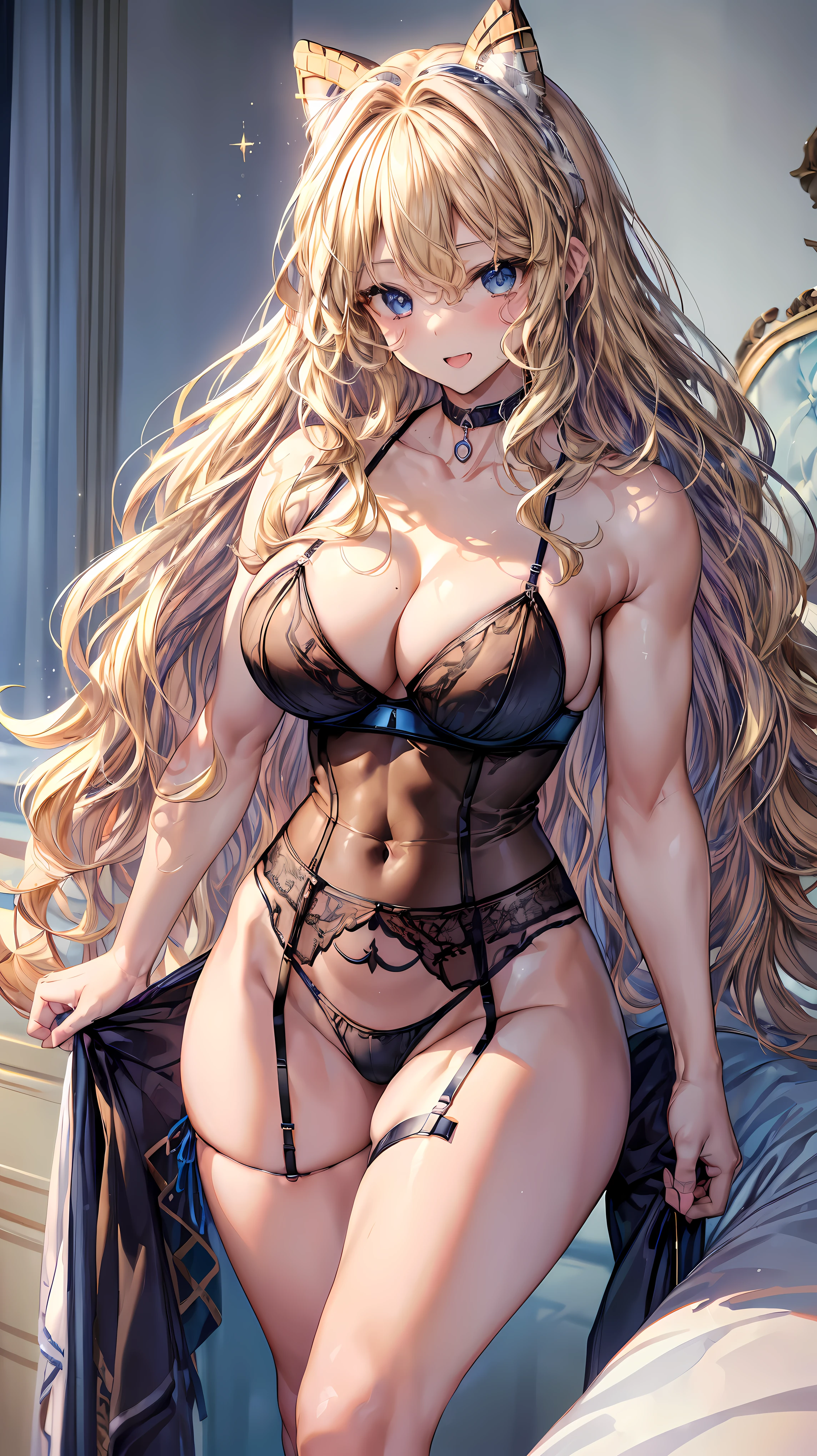 (Adult women:1.5)、Very detailed、highest quality、Best image quality、masterpiece、8k、Anime Face、A kind smile、(Open your mouth:1.3)、Sparkling blue eyes、(Blonde Wavy Hair:1.5)、、Muscles of the whole body、(High leg:1.5)、Thigh belt、(Wearing lingerie:1.5)、(Cowboy Shot:1.5)、SFW Giant