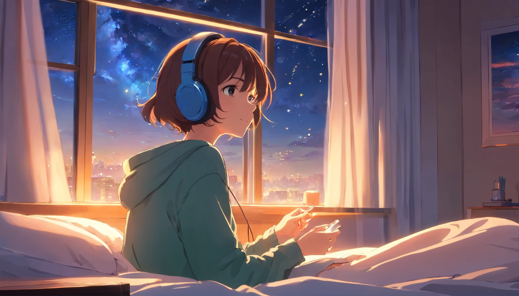 Girl listening to music with headphones by the window in bed、night、Lots of stars in the sky
