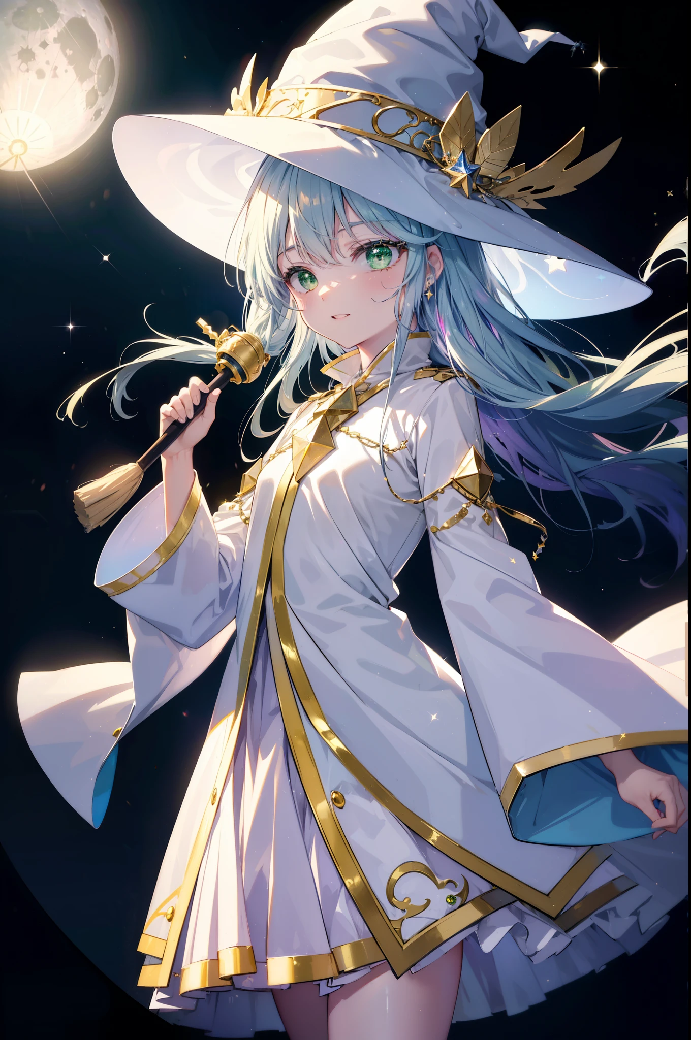 index, index, (Green Eyes:1.5), Silver Hair, Long Hair, (Flat Chest:1.2),happy smile, smile, Open your mouth,(colorful glowing lantern),((A night sky filled with colorful and cute creatures)),((Big full moon)),((Sparkling and colorful stars)),((Idol style costume with soft volume)),((gorgeous wizard hat)),((witch)),(magic wand with a jewel on the tip),smile,Kamimei,((Side shape)),((Fly through the sky on a magic broom)),
break looking at viewer, whole body,(Cowboy Shot:1. 5) break ourdoors,forest,forest林,moonlight,
break (masterpiece:1.2), highest quality, High resolution, unity 8k wallpaper, (figure:0.8), (Beautiful fine details:1.6), Highly detailed face, Perfect lighting, Highly detailed CG, (Perfect hands, Perfect Anatomy),