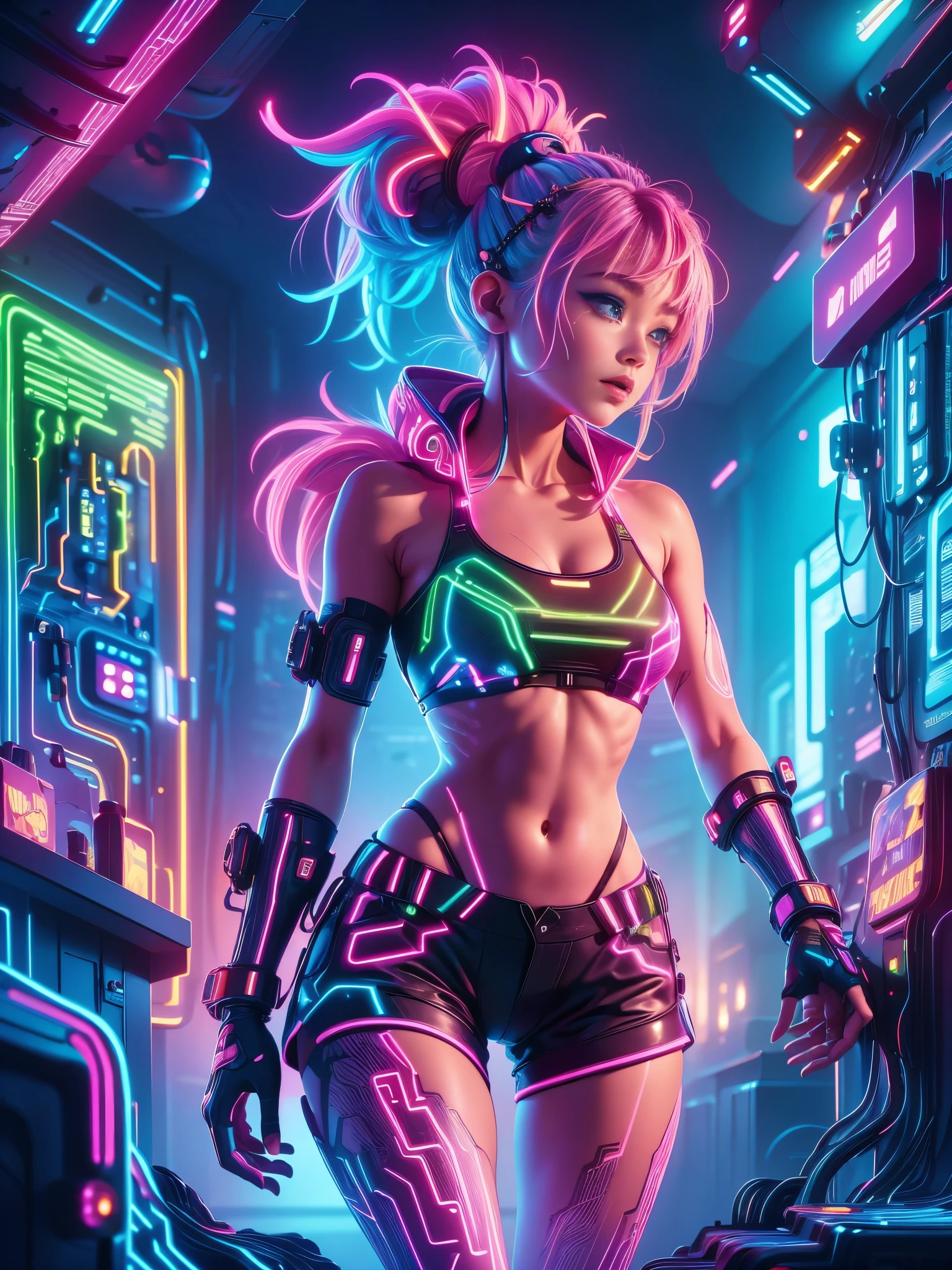 (Neon),Circuit Board,Detailed drawing of an alien girl dressed as a space ranger, Alien Landscape, Decorated with vibrant, Otherworldly flowers, Spacecraft crash, Sci-fi wonderland, full of imagination, Space exploration, More details, Yoko Tono, Ponytail, scarf, (Bikini Top:1.5), (shorts), diaphragm, belt, Fingerless gloves, skull hair ornament, Elbow gloves, pink thighs,(Ultra HD, masterpiece, precise, Anatomically correct, textured skin, High Detail, high quality, The award-winning, 8k)