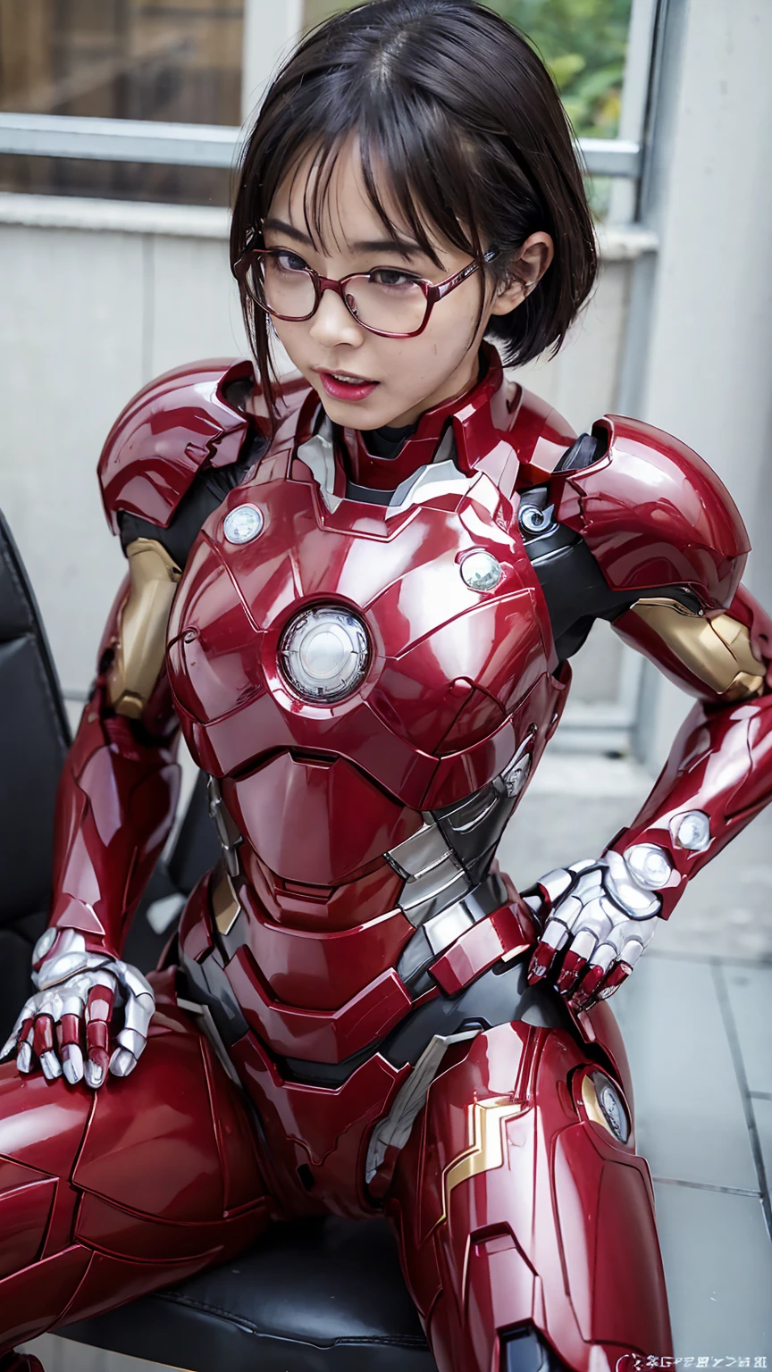 最high quality　8k Iron Man Suit Girl、、、Kindergarteners、　Hyperrealism, Super Detail, high quality, Anatomically correct, 16k, High resolution, Textured skin、Chiquita、、Glasses、Sweaty、Red and Black　Spread your legs wide　I can see the vagina　Sit on a chair　short hair　Black Hair　Drooling from the mouth
