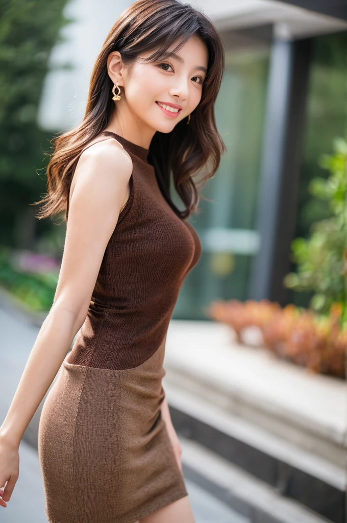 8K, masterpiece, Raw photo, Best Quality, Photorealistic, depth of fields, Cinematic Light, (beautiful countenance, Beautiful lips, beautidful eyes:1.5), Detail Face, ((Ultra detailed skin)) 1girl in, Cute Japanese ladies, 1 girl,Keep your hair up, (Very slim and slender fit muscular body:1.3), (Big smile:1.3), (Blurred background), (Fashion Street),(No people in the background:1.3), Beautiful earrings, Bracelets, Necklace, Walking, (pale skin), (Big eyes), Face forward, (Brown hairs), (Full body shot), ((Knit dress:1.3)), ((tight fit dresses:1.4)), (Looking at Viewer:1.3) , (Short skirt length:1.4), opened breast, Very slim, small breasts, extremely thin waist, backtrack, (Back shot), ass forcus, Before the eyebrows, (Small buttocks)