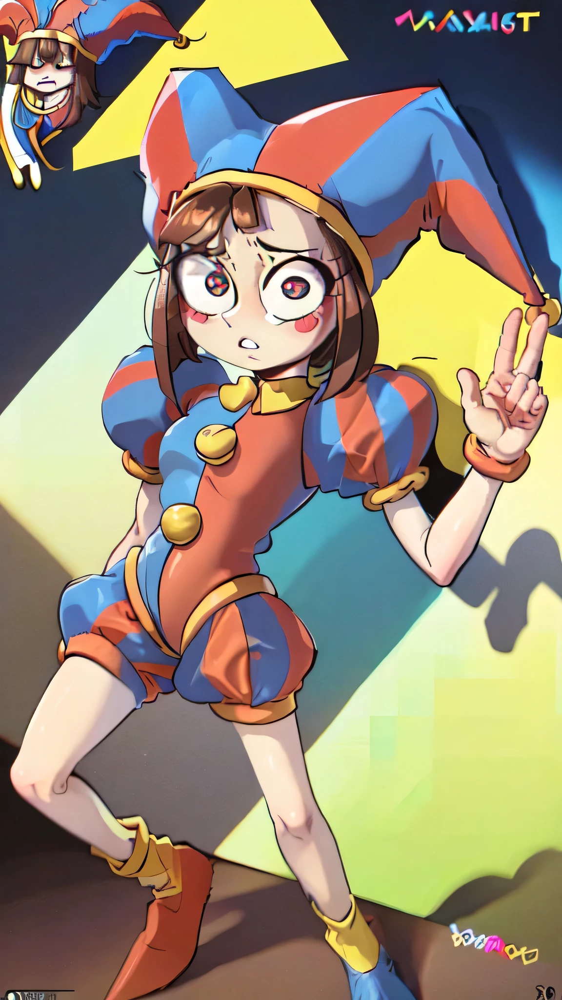 (masterpiece, best quality, highres, absurdres:1.2), pomni, 1girl, solo, brown hair, (symbol-shaped pupils:1.1), jester cap, clown, multicolored headwear, puffy sleeves, short sleeves, hat, box art, logo, English text, 1980s /(style/), copyright name, retro artstyle