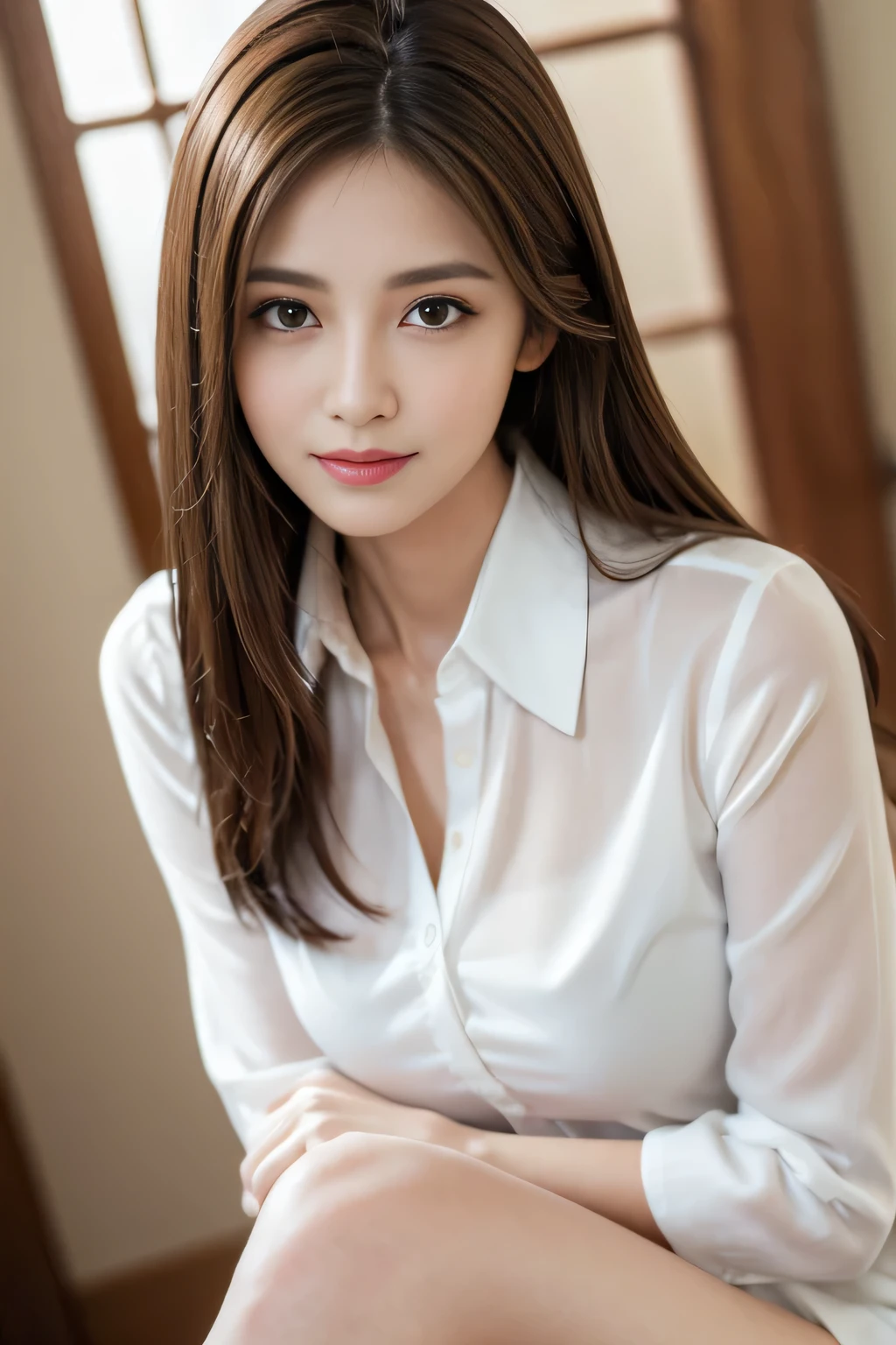 (RAW Photos), (Realistic), (masterpiece), (highest quality), High resolution, 8k, (Intricate details), (Volumetric Light), Portraiture, woman, 5, Medium Hair, Straight hair, Layered Hair, Brown Hair, Very beautiful eyes, Source order, Very thin eyebrows, Very fine skin, Very beautiful mouth, Very nice nose, Cute like an idol, smile, (Thick lips), (Looking at the audience), (White collared dress shirt), Above the knee shot,