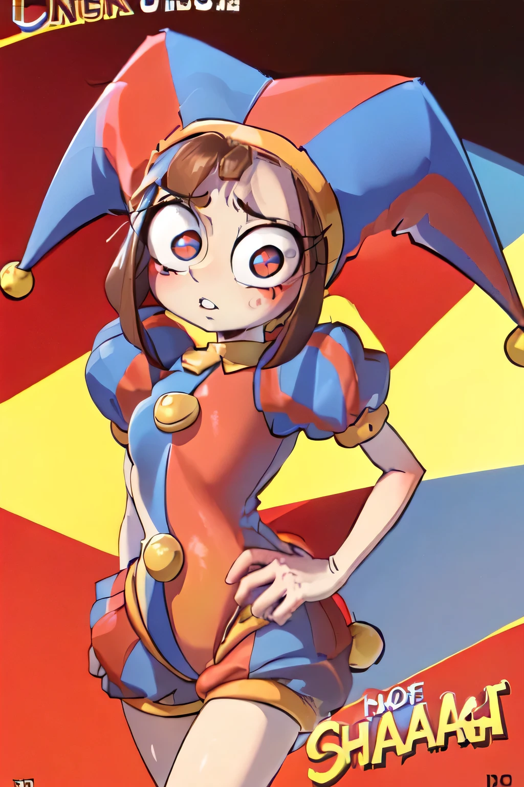 (masterpiece, best quality, highres, absurdres:1.2), pomni, 1girl, solo, brown hair, (symbol-shaped pupils:1.1), jester cap, clown, multicolored headwear, puffy sleeves, short sleeves, hat, box art, logo, English text, 1980s /(style/), copyright name, retro artstyle