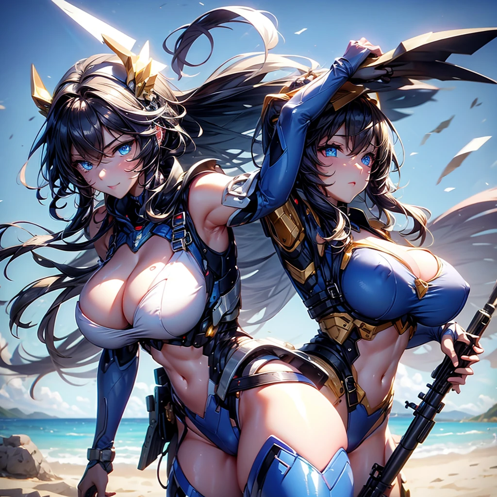 Close-up of a pretty girl with a gun on a blue background, 、Camel Toe、Giant tit、Nipple Puffs、Cleavage、Plump、Super big breasts、Super big butt、Ultra-high height、shooting、Sniper、Wing、super large rifle、stratosphere、Aerial、Targeting ground facilities、Sky、Holding a rifle with both hands