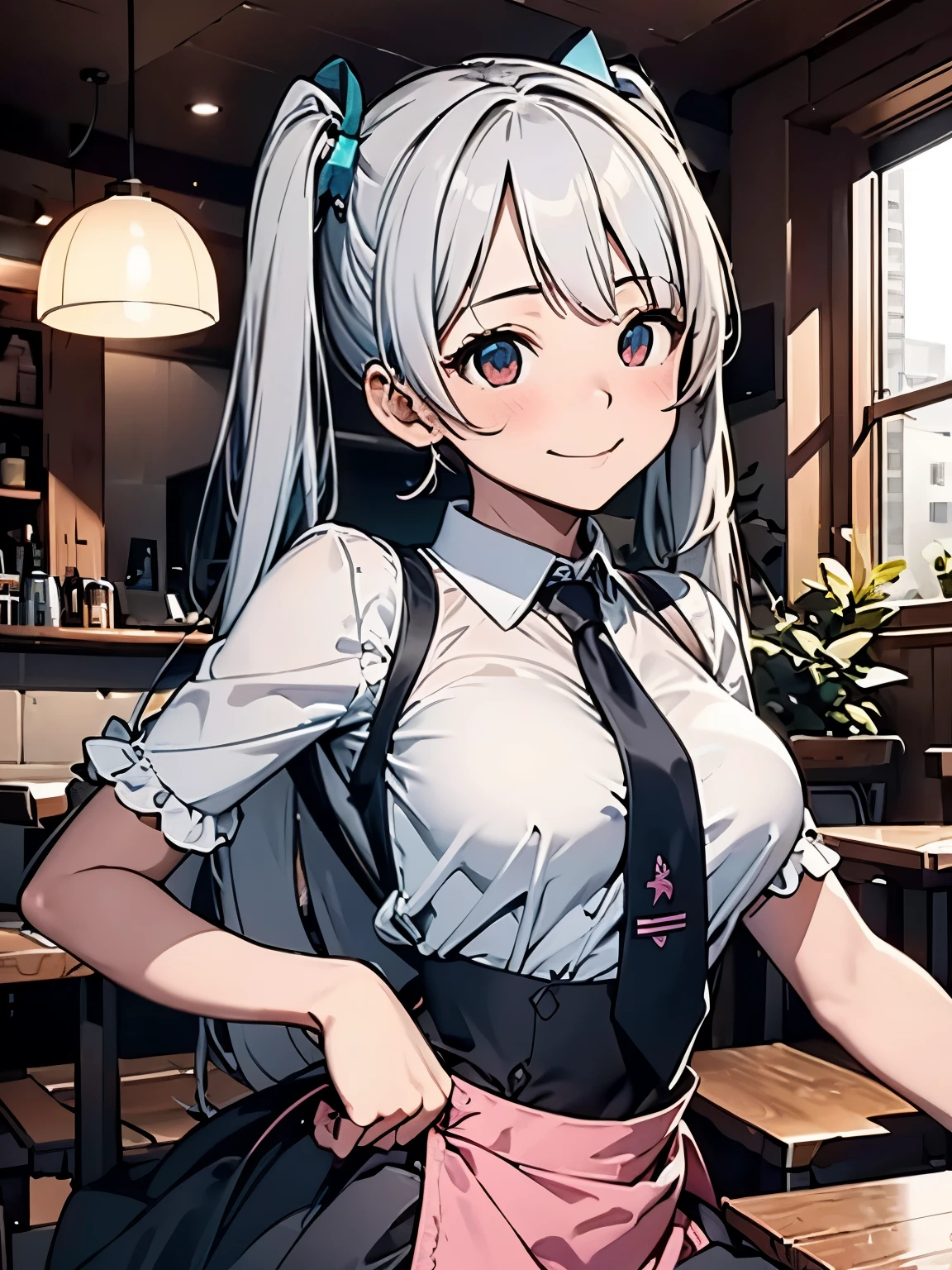 (masterpiece、highest quality、highest quality、Official Art、Beautiful and beautiful:1.2)、(One girl:1.3)Hatsune Miku、Twin tails,Big Breasts,1 girl、Silver hair and short bob hairstyle、Tie your hair up with a hair clip、Glowing pink round eyes、smile、Mouth open、White blouse、Blue Skirt、Apron appearance、indoor、morning、Cafe、Upper body close-up、Sharp contours