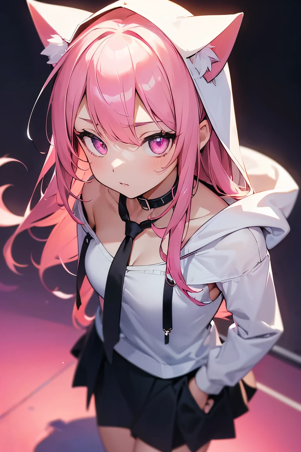 ((最high quality)), ((masterpiece)), (Very detailed:1.3),1 girl,Age 25,超High resolution, retina, masterpiece, Accurate, Anatomically correct, Rough skin, Very detailed, Advanced Details, high quality, Awards, high quality, High resolution, High resolution, 4K,(anime,8k,masterpiece, high quality, high quality,beautifully、beautiful:1.2,Professional Illustration:1.1,Very detailed:1.3,Perfect lighting),Cute pose,Pink eyes,Pink Hair,Long Hair,(At night:1.5), (Neon Gradient:1.5)),(background image,City of night,Neon Background),(White Prairie Blouse:1.5),(Landmine fashion),黒い色のtie,(Black hoodie),(Hoodie with cat ear hood:1.5),(Put on the hood:1.7),(Open clothes:1.5),ヤンデレCute pose,White shirt from the front, Collared shirt,Layering clothes,tie, Short skirt, Black Skirt,(Looking up:1.5),(Shoulder:1.6),(from above:1.5)