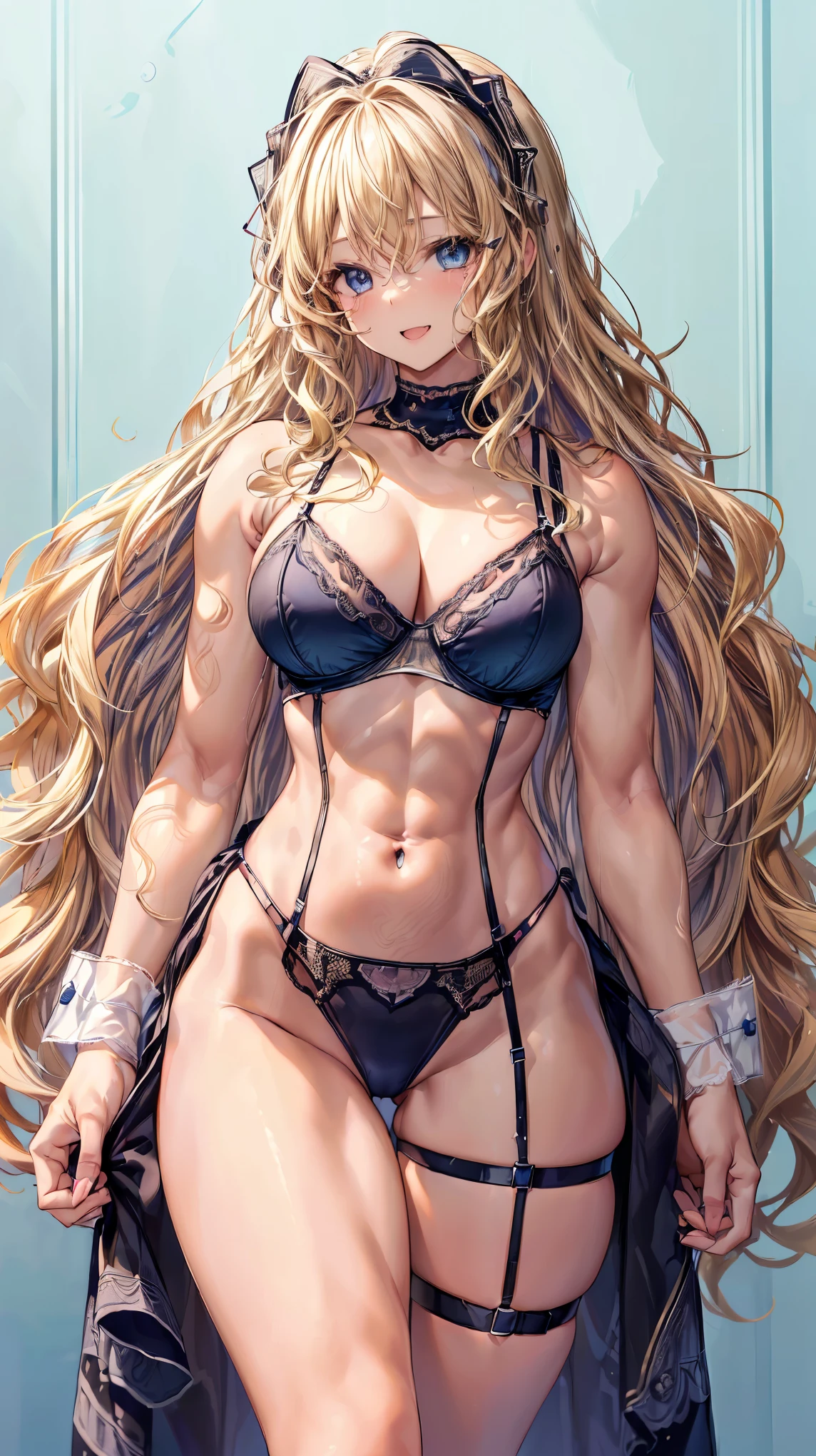 (Adult women:1.5)、Very detailed、highest quality、Best image quality、masterpiece、8k、Anime Face、A kind smile、(Open your mouth:1.3)、Sparkling blue eyes、(Blonde Wavy Hair:1.5)、、Muscles of the whole body、(High leg:1.5)、Thigh belt、(Wearing lingerie:1.5)、(Cowboy Shot:1.5)、SFW Giant