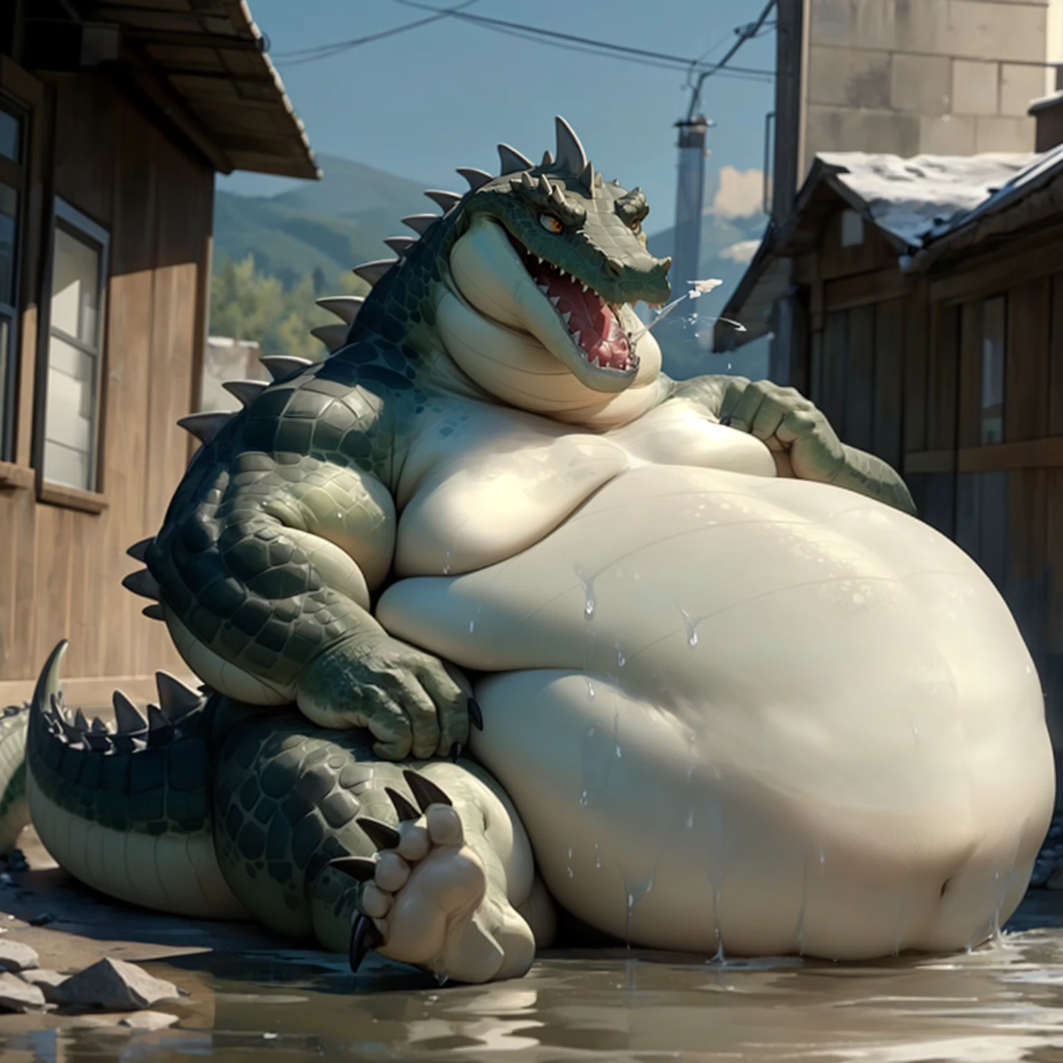 Very obese grey crocodile、Spitting out of the mouth、Spit、Grey Scales、Wild ferocious crocodile、Spiky scales all over the body、A glittering silver mane、Very short legs、Screaming facial expression、Roaring crocodile face、Reptile Eyes、Longitudinal pupils、A body covered with a lot of fat、Abnormally obese head、A lot of fat on the neck、A belly so obese it covers the ground、Fat gap、Abdomen swollen enough to touch the ground、A huge, mountain-like swollen abdomen、Abnormally fat arms、Overweight and flabby legs、A body that seems to be crushed by a huge abdomen、A body that fills the screen、Rubble background、Wet scales all over the body、Soaking wet