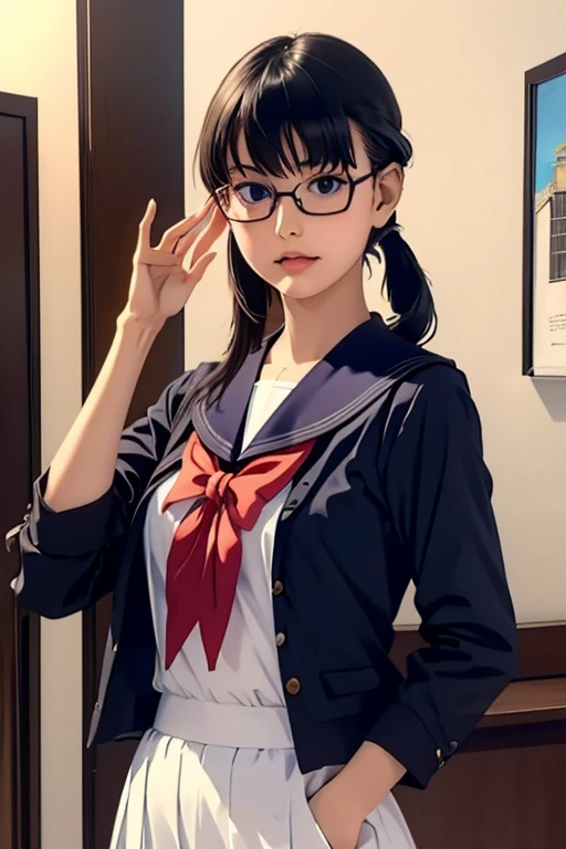 (masterpiece, highest quality), One Girl,  Satou, Satou, Glasses, 赤いフレームのGlasses, Sailor suit, Satou, Glasses, 赤いフレームのGlasses, 