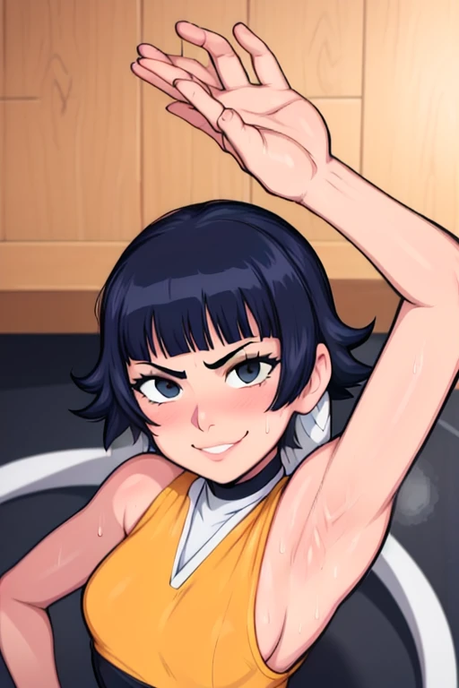 masterpiece, best quality, soifon, looking at viewer, small breasts, upper body, portrait, looking at viewer, seductive smile, both hands raised, armpits, armpits visible, sweaty armpits, from above,