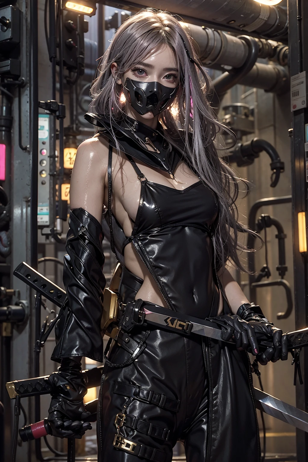 highest quality、surreal、perfect anatomy、Wet and shiny white skin、model body shape、Sweat dripping all over the body、Super small face、Ahegao、Cleavage、Cyberpunk City、Monotone urban tech wear、Pink, black, silver and golden hair、Holding a Japan sword in each hand、Micro Bikini、Neon lights、
