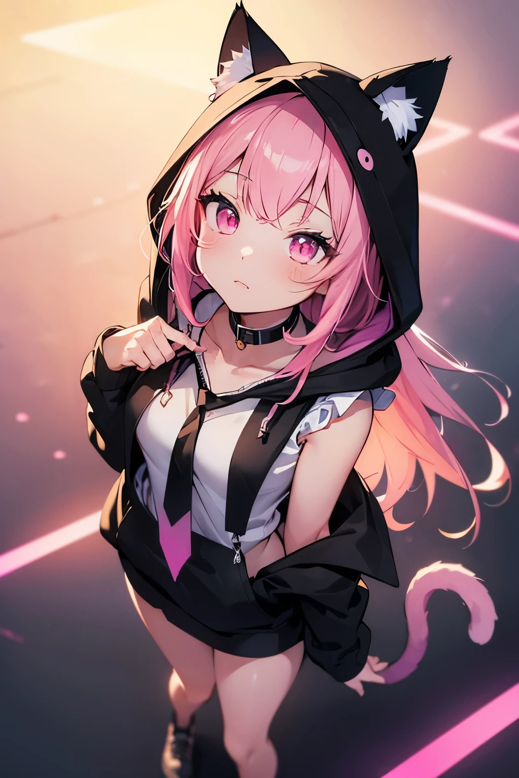 ((最high quality)), ((masterpiece)), (Very detailed:1.3)，1 girl,Age 25,超High resolution, retina, masterpiece, Accurate, Anatomically correct, Rough skin, Very detailed, Advanced Details, high quality, Awards, high quality, High resolution, High resolution, 4K,(anime,8k,masterpiece, high quality, high quality,beautifully、beautiful:1.2,Professional Illustration:1.1,Very detailed:1.3,Perfect lighting),Cute pose，Pink eyes，Pink Hair，Long Hair，(At night:1.5), (Neon Gradient:1.5))，(background image，City of night，Neon Background)，(White Prairie Blouse:1.5)，(Landmine fashion)，黒い色のtie，(Black hoodie:1.5)，(Hoodie with cat ear hood:1.5)，(Put on the hood:1.7)，(Open clothes:1.5)，ヤンデレCute pose，White shirt from the front, Collared shirt，Layering clothes，tie, Short skirt, Black Skirt，(Looking up:1.5)，(Shoulder:1.6)，(from above:1.5)