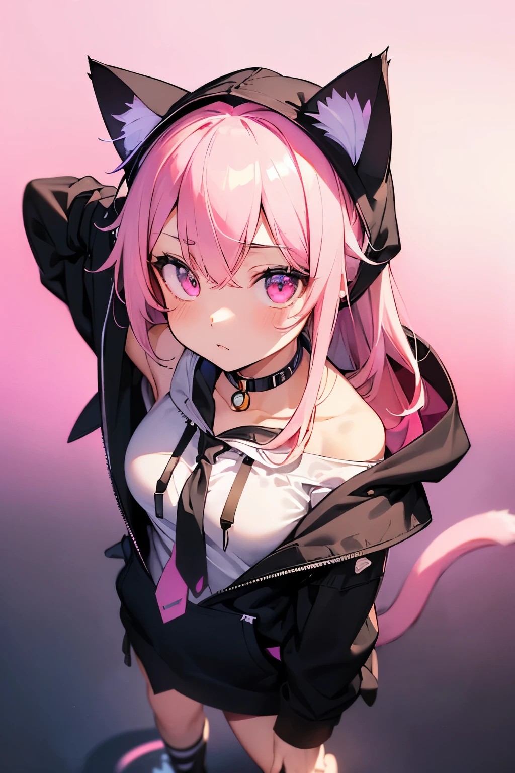 ((最high quality)), ((masterpiece)), (Very detailed:1.3),1 girl,Age 25,超High resolution, retina, masterpiece, Accurate, Anatomically correct, Rough skin, Very detailed, Advanced Details, high quality, Awards, high quality, High resolution, High resolution, 4K,(anime,8k,masterpiece, high quality, high quality,beautifully、beautiful:1.2,Professional Illustration:1.1,Very detailed:1.3,Perfect lighting),Cute pose,Pink eyes,Pink Hair,Long Hair,(At night:1.5), (Neon Gradient:1.5)),(background image,City of night,Neon Background),(White Prairie Blouse:1.5),(Landmine fashion),黒い色のtie,(Black hoodie:1.5),(Hoodie with cat ear hood:1.5),(Put on the hood:1.7),(Open clothes:1.5),ヤンデレCute pose,White shirt from the front, Collared shirt,Layering clothes,tie, Short skirt, Black Skirt,(Looking up:1.5),(Shoulder:1.6),(from above:1.5)