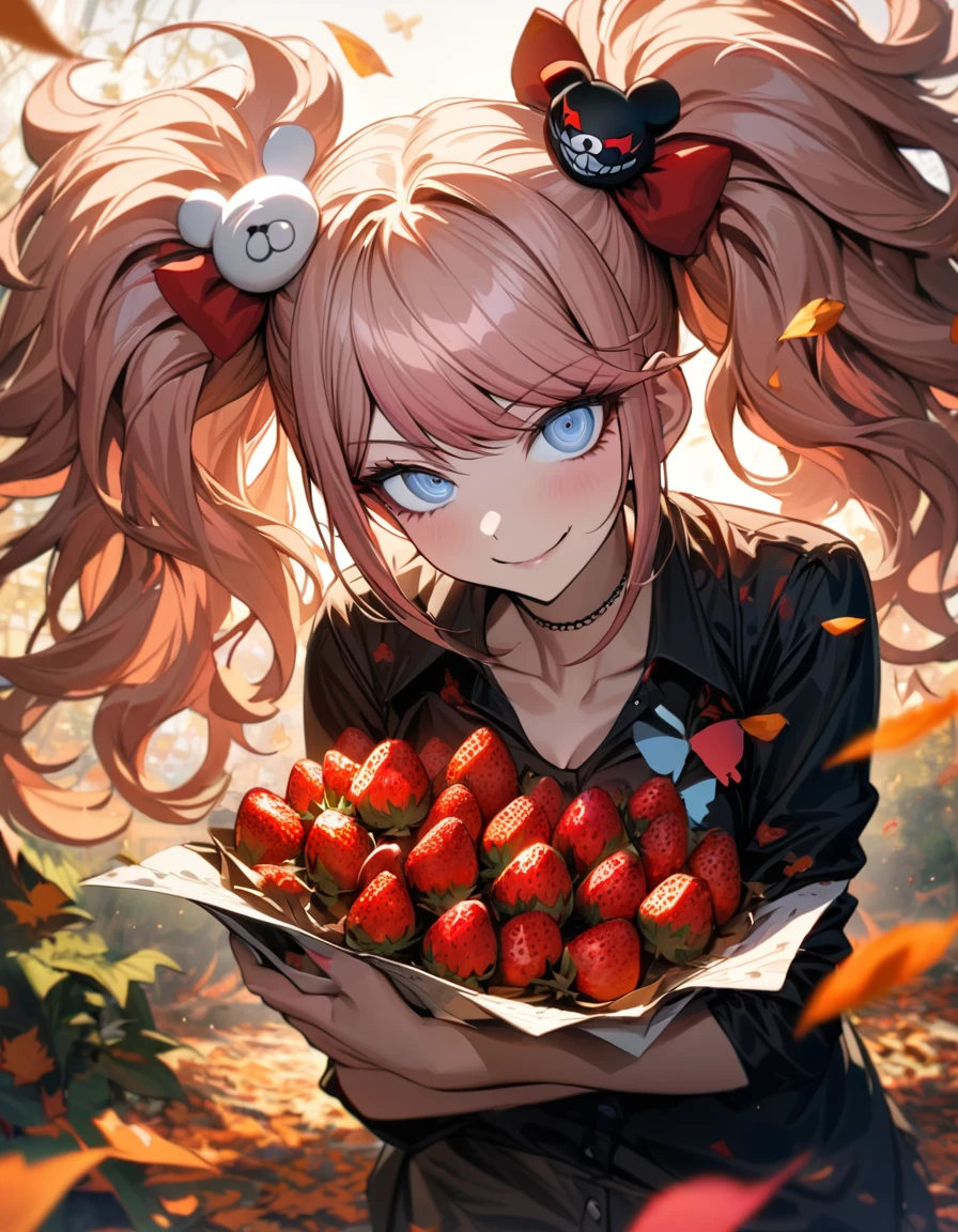 Ultra detailed, Highres, absurdres, HDR, Enoshima Junko, strawberry-pink blond hair tied in two twin pigtails, expressive light blue eyes, black shirt, Danganronpa, autumn, petals, extremely beautiful, woman, solo, very detailed eyes and face, orange leaves, butterflies, master piece, best quality, smirking