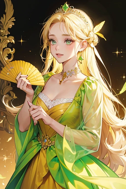  young fair-skinned girl, having blonde hair and amber eyes that gave her her name. She almost always wears a chartreuse gown, red earrings, and a crystal tiara inset with peridots, often with a floral deep red fan in her hand. She often wears costumes covered in feathers, except for her butterfly "costume". SPARKLE; GLITTER