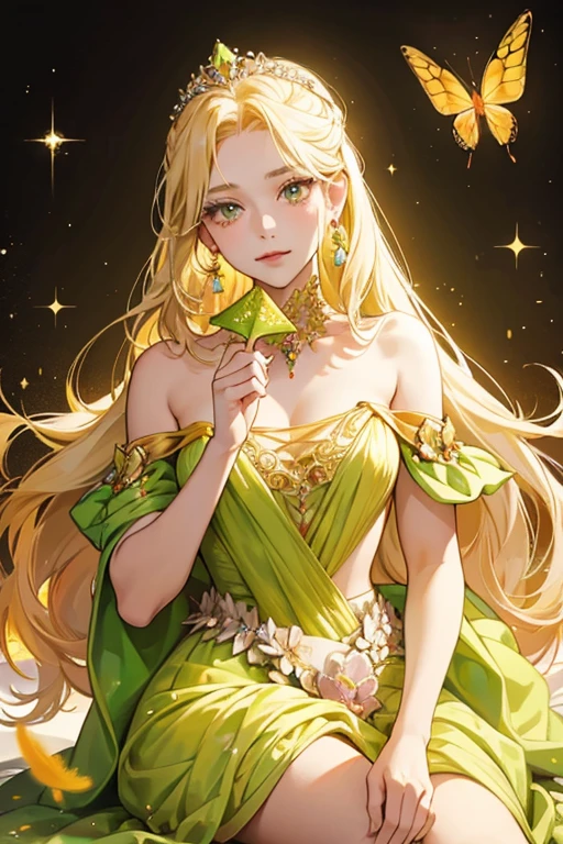 【Light makeup】Peerless beauty, long yellow hair, metallic green dress, shiny, shiny, dreamy, gorgeous dress, detailed facial features, real texture, black background