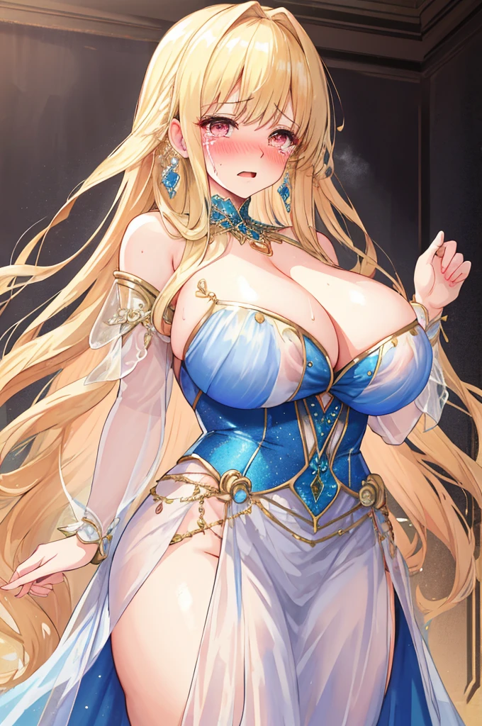 A woman with big ，(Gorgeous woman)，Gorgeous Rococo dance dress，Long blond hair，Delicate accessories，Protruding lower chest，transparent，See-through clothes，(Blush:1.2)，Fear，Tears，Prom，