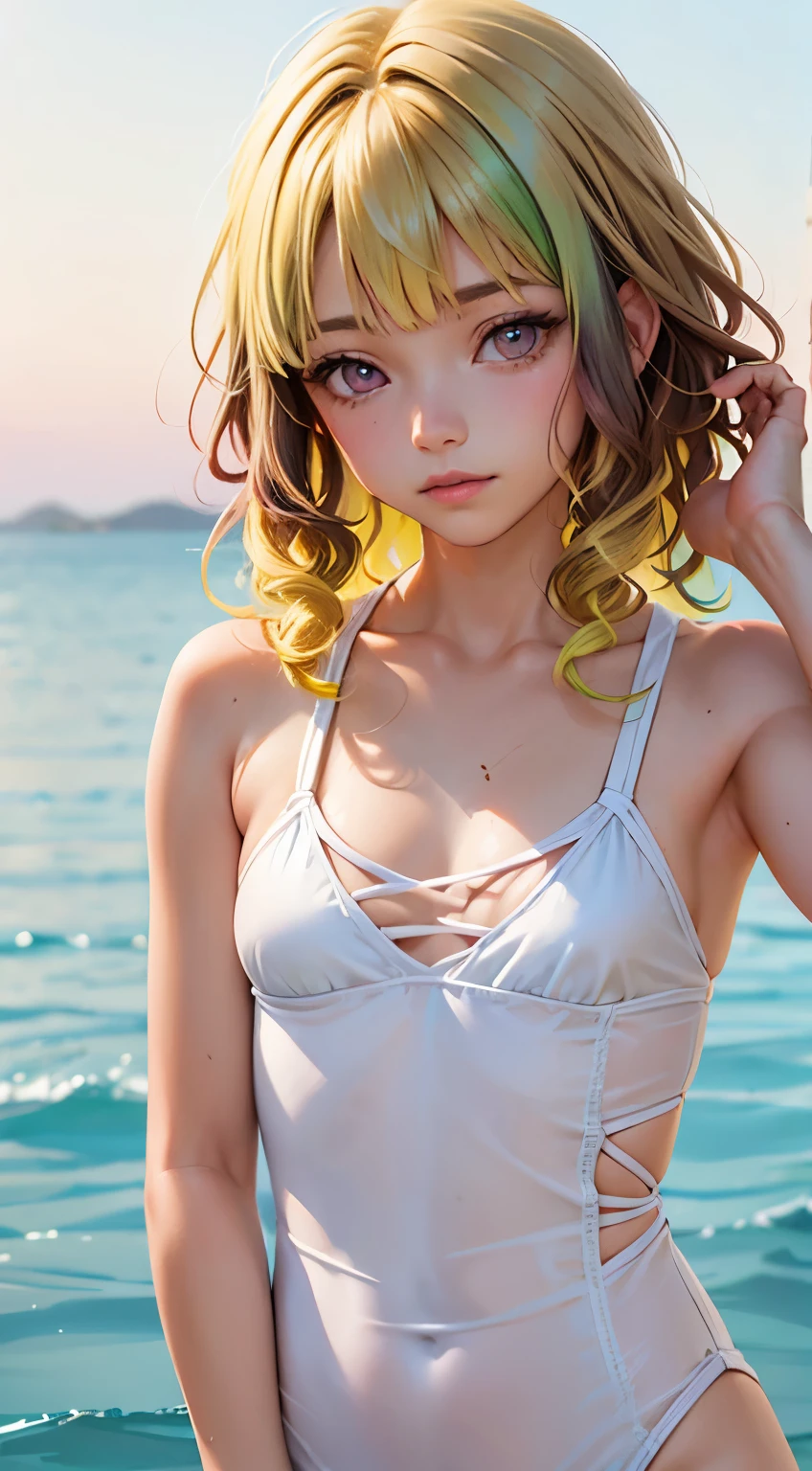 One woman, alone, alone Focus, Cowboy Shot, Portraiture,, Beaver,Half water color, Half Green, ((Brown Hair)), (Yellow Hair), (Gradient Hair :1.5), Curly Hair, ((Pink Eyes)), Ultra-detailed eyes, work, White knit, (Small TI quality, Very detailed,Swimwear,