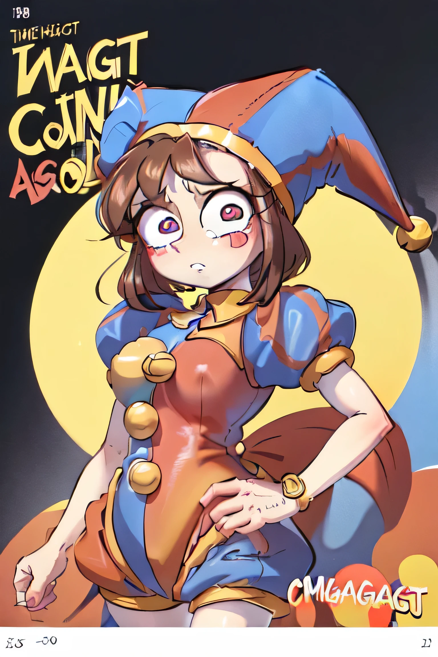 (masterpiece, best quality, highres, absurdres:1.2), pomni, 1girl, solo, brown hair, (symbol-shaped pupils:1.1), jester cap, clown, multicolored headwear, puffy sleeves, short sleeves, hat, box art, logo, English text, 1980s /(style/), copyright name, retro artstyle