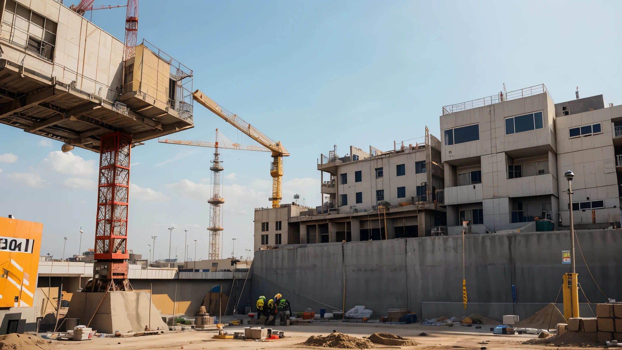 "In the center of the construction site, there is an ongoing construction scene. In the foreground, there is a cement platform, possibly with some building materials stacked on it, such as cement bags or construction tools. There may be some machinery around, such as cranes or concrete mixers, to support the construction activities. The entire scene is filled with the vibrancy and dynamism of a construction site."