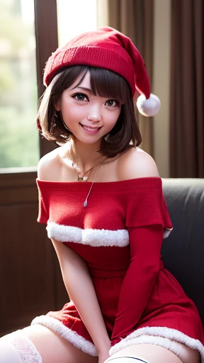 ((Tabletop, highest quality, High resolution, Hmph, Perfect Pixel, 4K, Hmph, Hmph))), One Girl, single, alone, Beauty、The whole body is visible、 ((Mid-wave hair, bangs, Brown Hair)), ((Brown eyes, Beautiful eyelashes, Realistic eyes)), ((Detailed face, Blushing:1.2)), ((Smooth texture:0.75, Realistic texture:0.65, Realistic:1.1, Anime CG Style)), Medium chest, Dynamic Angle, Perfect body, (Santa Claus Costume、Red knitted hat、Red and white off-the-shoulder sweater、red and white flared skirt、Black garter stockings)、Earrings、necklace、Sitting on the floor、Pink Panties、Luxury Hotel Christmas 、()、、、(Embarrassing, Embarrassing, Lying with a panicked smile.、、Shot to the knee,