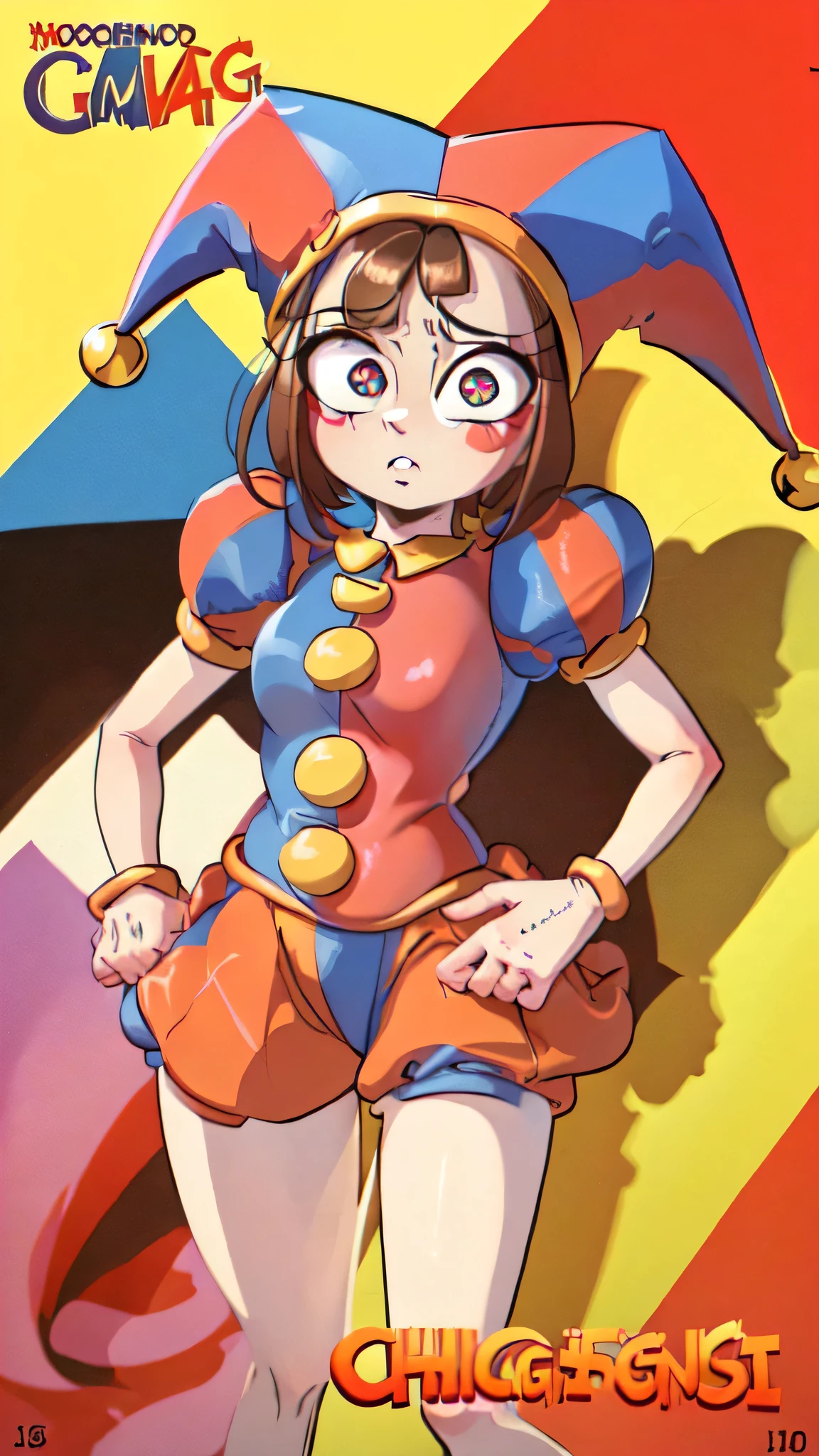 (masterpiece, best quality, highres, absurdres:1.2), pomni, 1girl, solo, brown hair, (symbol-shaped pupils:1.1), jester cap, clown, multicolored headwear, puffy sleeves, short sleeves, hat, box art, logo, English text, 1980s /(style/), copyright name, retro artstyle