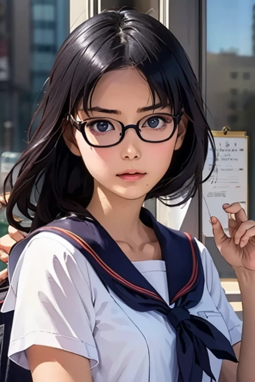 (masterpiece, highest quality), One Girl,  Satou, Satou, Glasses, 赤いフレームのGlasses, Sailor suit, Satou, Glasses, 赤いフレームのGlasses, Head to Chest,