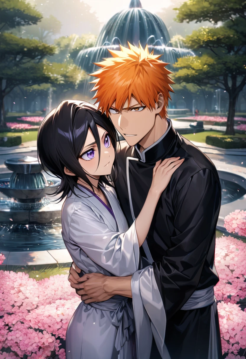 absurdres, highres, ultra detailed, HDR, master piece, best quality, extremely detailed face and eyes, Kurosaki Ichigo, orange hair, expressive brown eyes, Bleach, Kuchiki Rukia, black hair, short hair, expressive purple eyes, a handsome man together with a beautiful woman, couple, black shinigami clothes, pink flowers, park, cherry blossom, fountain