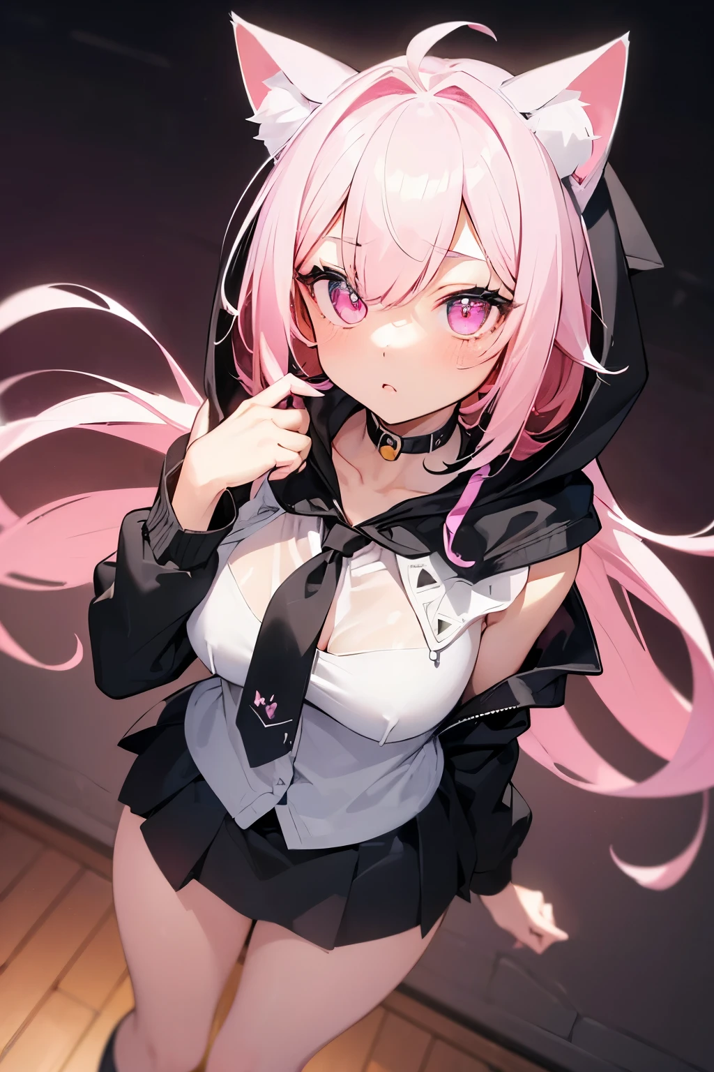 ((最high quality)), ((masterpiece)), (Very detailed:1.3)，1 girl,Age 25,超High resolution, retina, masterpiece, Accurate, Anatomically correct, Rough skin, Very detailed, Advanced Details, high quality, Awards, high quality, High resolution, High resolution, 4K,(anime,8k,masterpiece, high quality, high quality,beautifully、beautiful:1.2,Professional Illustration:1.1,Very detailed:1.3,Perfect lighting),Cute pose，Pink eyes，Pink Hair，Long Hair，(At night:1.5), (Neon Gradient:1.5))，(background image，City of night:1.5，Neon Background)，(White Prairie Blouse:1.5)，(Landmine fashion)，黒い色のtie，(Black hoodie:1.5)，(Hoodie with cat ear hood:1.5)，(Put on the hood:1.7)，(Open clothes:1.5)，ヤンデレCute pose，White shirt from the front, Collared shirt，Layering clothes，tie, Short skirt, Black Skirt，(Looking up:1.5)，(Shoulder:1.6)，(from above:1.5)