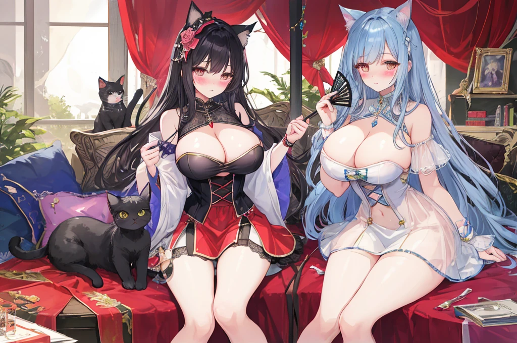 Two big  woman，Beautiful woman，Cat，Magical girl，(Double)，Western Fantasy，Lace Eye Mask，Transparent tops，Exquisite，Showing off the smooth lower chest，Cleavage，Slim waist，Perfect long legs，(Blush:1.2)，Sitting，Fan meetup，