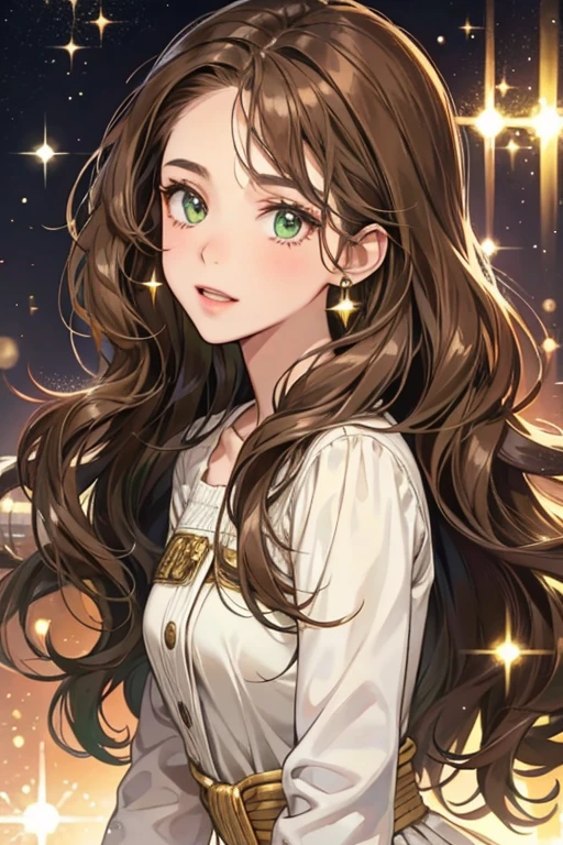 wavy brown hair and dark green eyes. . SPARKLE; GLITTER