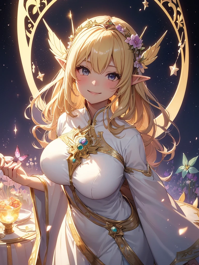 最high quality、1girl  ELF
NP: worst quality ,flower fractal art,
rule of thirds composition,
beautiful glow,
romanticism,ANGEL wing
the most beautiful form of chaos, various colors, entangled flower, Particle,magical gentle light,smile,sexy,Image quality、masterpiece、Beautiful Face、Super beautiful elf girl((22 year old office lady with big breasts、Bust 90,Beautiful long ironed hair、blonde、height: 165cm。、sexy、Esbian、Beautiful tiara、Night with a glass、high quality、美しいart、galactic creation、background((星nullスキー)))、ビジュアルart、Written boundary depth、、Elf Ears、、Lightのmagic、universe、Happy smile、穏やかなLight、Elven Forest、elegant、ticker beautiful decorative、flower瓶、magicのflower、光を作るmagic、Light、Earth、　null、Beautiful dressy、Beautiful dress、table、giant galaxy、myth、art、、sexy、A kind smile、wonderful、舞い散るflowerびら、Spectacular landscapes、Beautiful Landscape、universeのmagic、magicのLight、Fantasy、flower、super REALITY、magic、universeを飛ぶ、、Grow Fantasy、、mysteryのLight、Byzantine、Art Nouveau、Elven Nation、　たくさんのflower、、art、art,mystery,Ultra-high resolution,magicalgentle light,sexy、Marble pillar、golden decoration