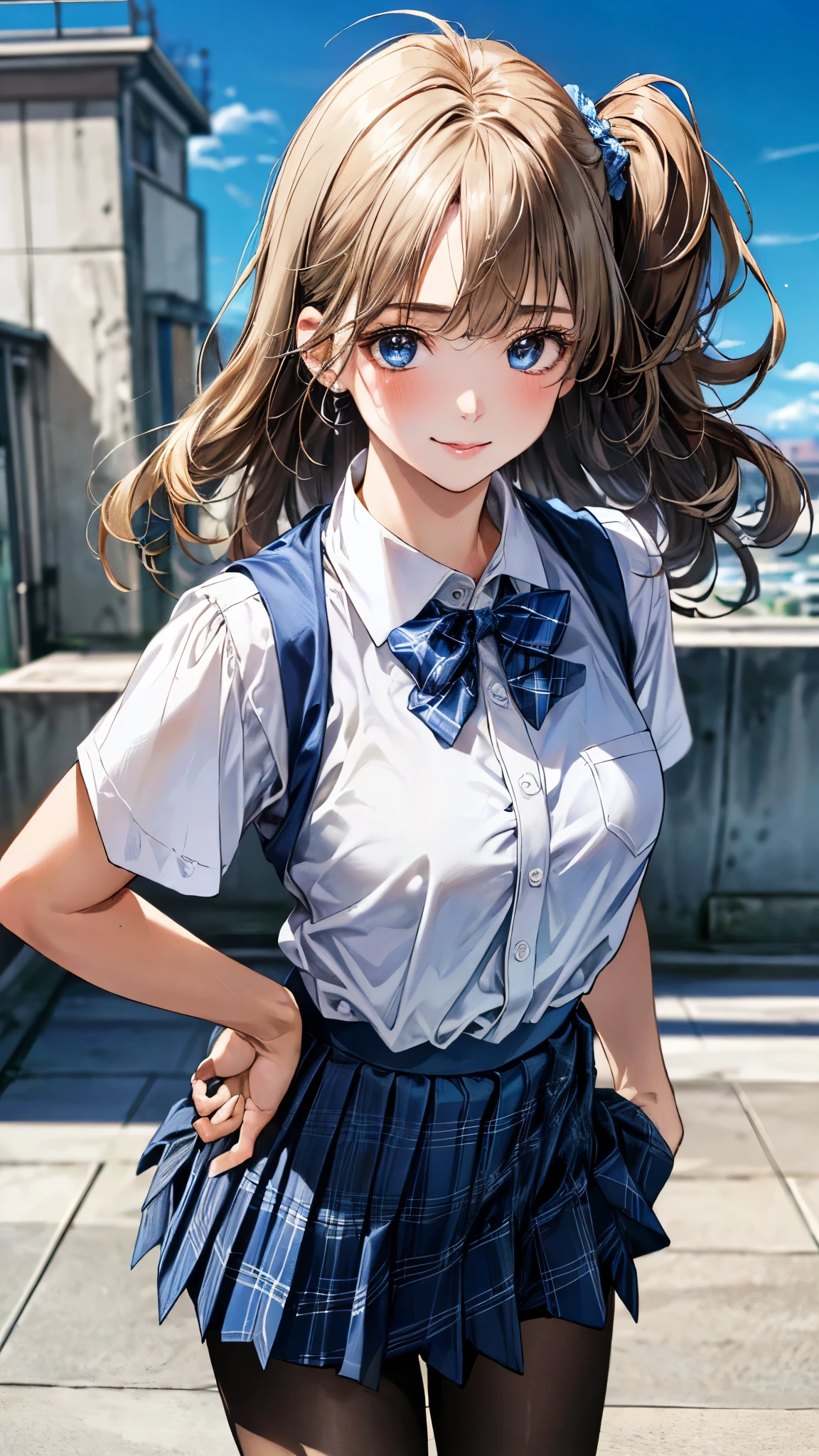 (masterpiece:1.3, top-quality, ultra high res, ultra detailed), (realistic, photorealistic:1.4), beautiful illustration, perfect lighting, natural lighting, colorful, depth of fields, surrealism, 
beautiful detailed hair, beautiful detailed face, beautiful detailed eyes, beautiful clavicle, beautiful body, beautiful chest, beautiful thigh, beautiful legs, beautiful fingers, shiny skin, babyface, 
looking at viewer, 1 girl, japanese, high school girl, (perfect anatomy, anatomically correct, super detailed skin), cute and symmetrical face, perfect face, perfect eyes, 
(middle hair, (two side up), sandy beige hair), asymmetrical bangs, blue eyes, big eyes, long eyelashes, (large breasts:1.2, seductive thighs), slender, outstanding style, 
((detailed cloth texture, break,break, white collared shirt, break,break, navy blue suit vest, break,break, blue plaid pleated skirt, break,break, blue bow tie), black pantyhose, loafer), 
(beautiful scenery), evening, (school rooftop), standing, arms behind back, (lovely smile, upper eyes),