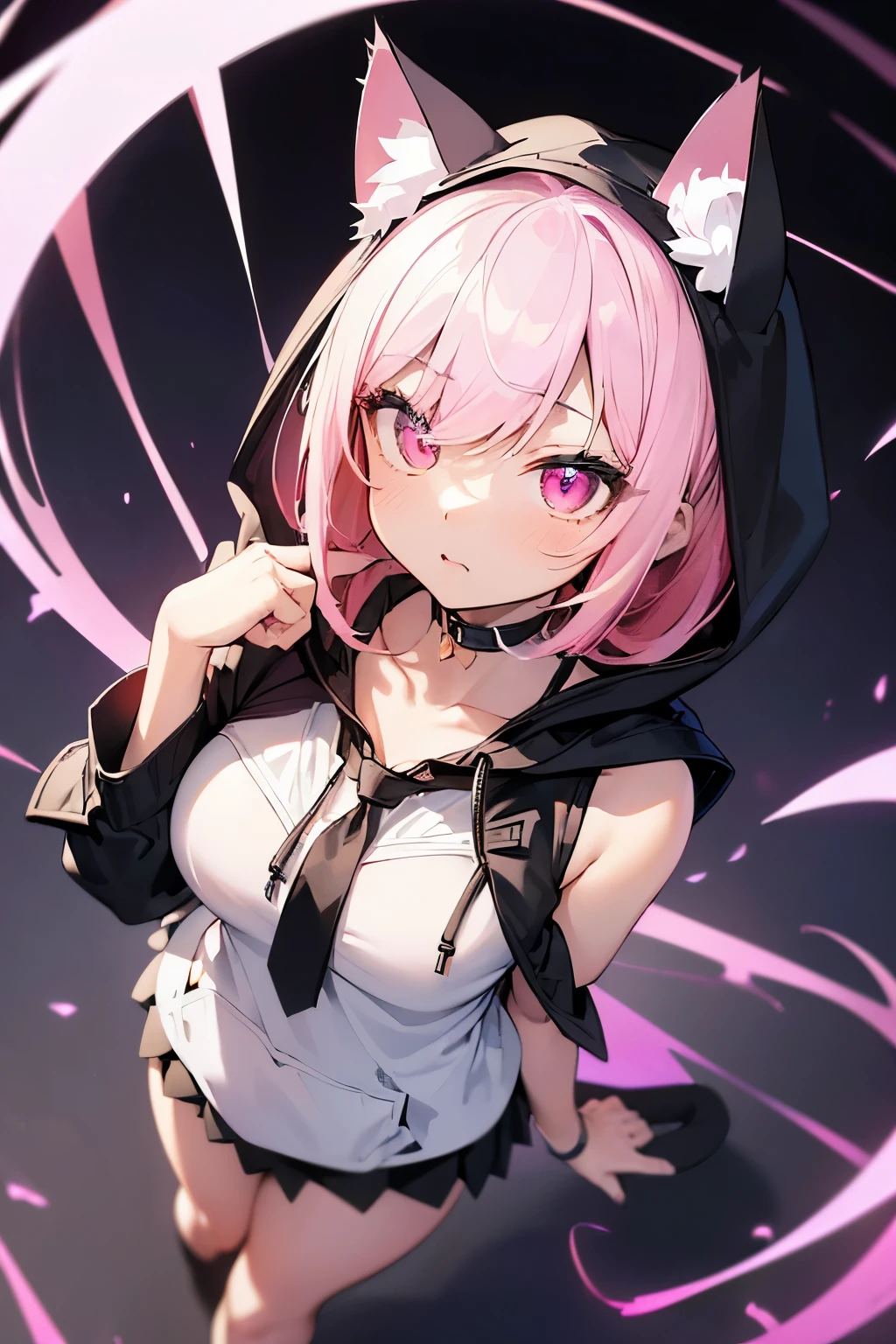 ((最high quality)), ((masterpiece)), (Very detailed:1.3)，1 girl,Age 25,超High resolution, retina, masterpiece, Accurate, Anatomically correct, Rough skin, Very detailed, Advanced Details, high quality, Awards, high quality, High resolution, High resolution, 4K,(anime,8k,masterpiece, high quality, high quality,beautifully、beautiful:1.2,Professional Illustration:1.1,Very detailed:1.3,Perfect lighting),Cute pose，Pink eyes，Pink Hair，Long Hair，(At night:1.5), (Neon Gradient:1.5))，(background image，City of night:1.5，Neon Background)，(White Prairie Blouse:1.5)，(Landmine fashion)，黒い色のtie，(Black hoodie:1.5)，(Hoodie with cat ear hood:1.5)，(Put on the hood:1.7)，(Open clothes:1.5)，ヤンデレCute pose，White shirt from the front, Collared shirt，Layering clothes，tie, Short skirt, Black Skirt，(Looking up:1.5)，(Shoulder:1.6)，(from above:1.5)