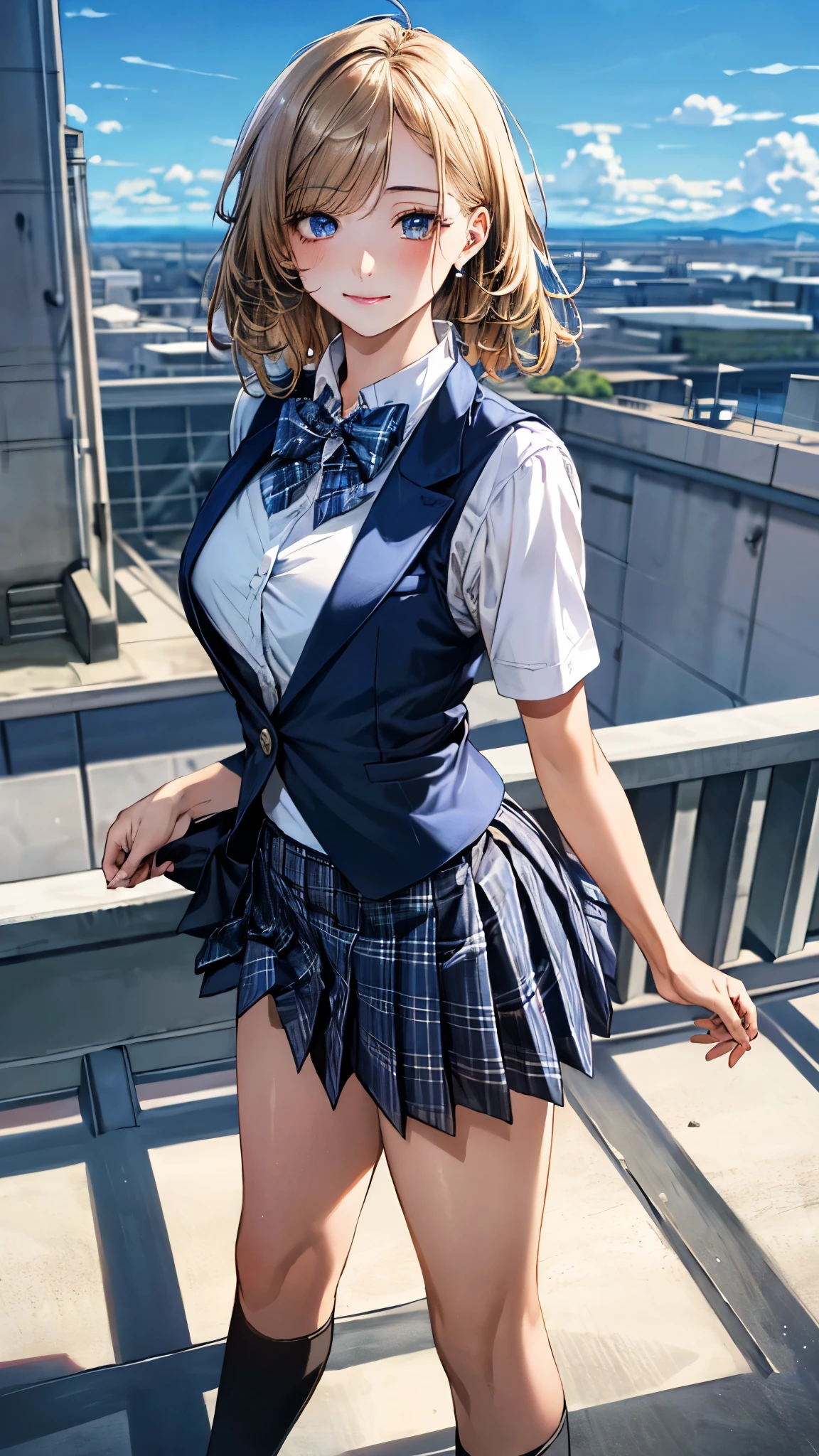 (masterpiece:1.3, top-quality, ultra high res, ultra detailed), (realistic, photorealistic:1.4), beautiful illustration, perfect lighting, natural lighting, colorful, depth of fields, surrealism,
beautiful detailed hair, beautiful detailed face, beautiful detailed eyes, beautiful clavicle, beautiful body, beautiful chest, beautiful thigh, beautiful legs, beautiful fingers, shiny skin, face,
looking at viewer, 1 girl, japanese, high school girl, (perfect anatomy, anatomically correct, super detailed skin), cute and symmetrical face, perfect face, perfect eyes,
(middle hair, (two side up), sandy beige hair), asymmetrical bangs, blue eyes, big eyes, long eyelashes, (large breasts:1.2, seductive thighs), slender, outstanding style,
((detailed cloth texture, break,break, white collared shirt, break,break, navy blue suit vest, break,break, blue plaid pleated skirt, break,break, blue bow tie), black pantyhose, loafer),
(beautiful scenery), evening, (school rooftop), standing, arms behind back, (lovely smile, upper eyes),