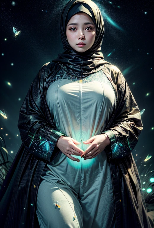 Obese hijab woman surrounded by glowing butterflies and fireflies, realistic image, real skin texture, high res, masterpiece, detailed detail, look at the viewer, full body photo shoot