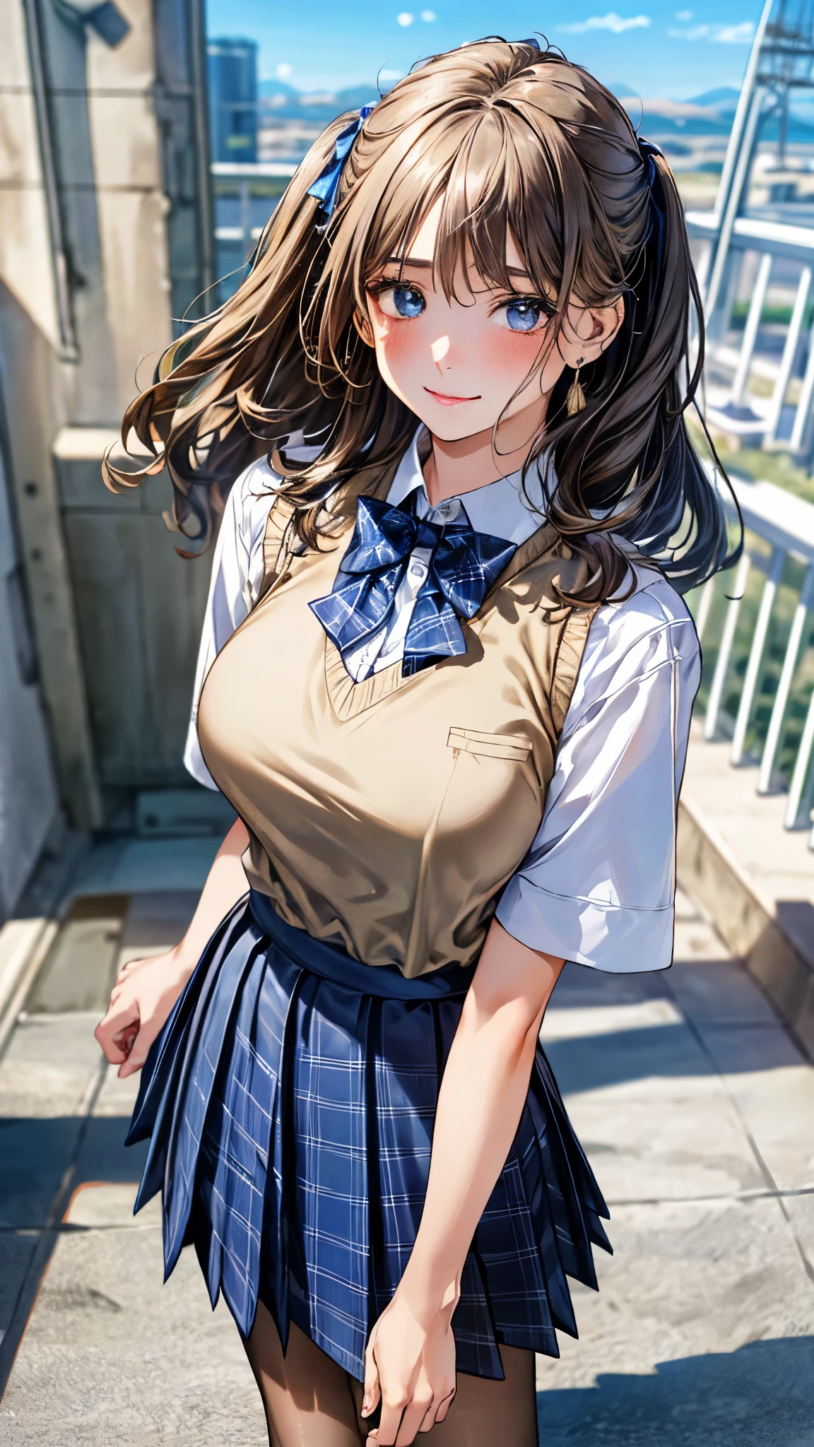 (masterpiece:1.3, top-quality, ultra high res, ultra detailed), (realistic, photorealistic:1.4), beautiful illustration, perfect lighting, natural lighting, colorful, depth of fields, surrealism, 
beautiful detailed hair, beautiful detailed face, beautiful detailed eyes, beautiful clavicle, beautiful body, beautiful chest, beautiful thigh, beautiful legs, beautiful fingers, shiny skin, babyface, 
looking at viewer, 1 girl, japanese, high school girl, (perfect anatomy, anatomically correct, super detailed skin), cute and symmetrical face, perfect face, perfect eyes, 
(middle hair, (two side up), sandy beige hair), asymmetrical bangs, blue eyes, big eyes, long eyelashes, (large breasts:1.2, seductive thighs), slender, outstanding style, 
((detailed cloth texture, break,break, white collared shirt, break,break, navy blue suit vest, break,break, blue plaid pleated skirt, break,break, blue bow tie), black pantyhose, loafer), 
(beautiful scenery), evening, (school rooftop), standing, arms behind back, (lovely smile, upper eyes),