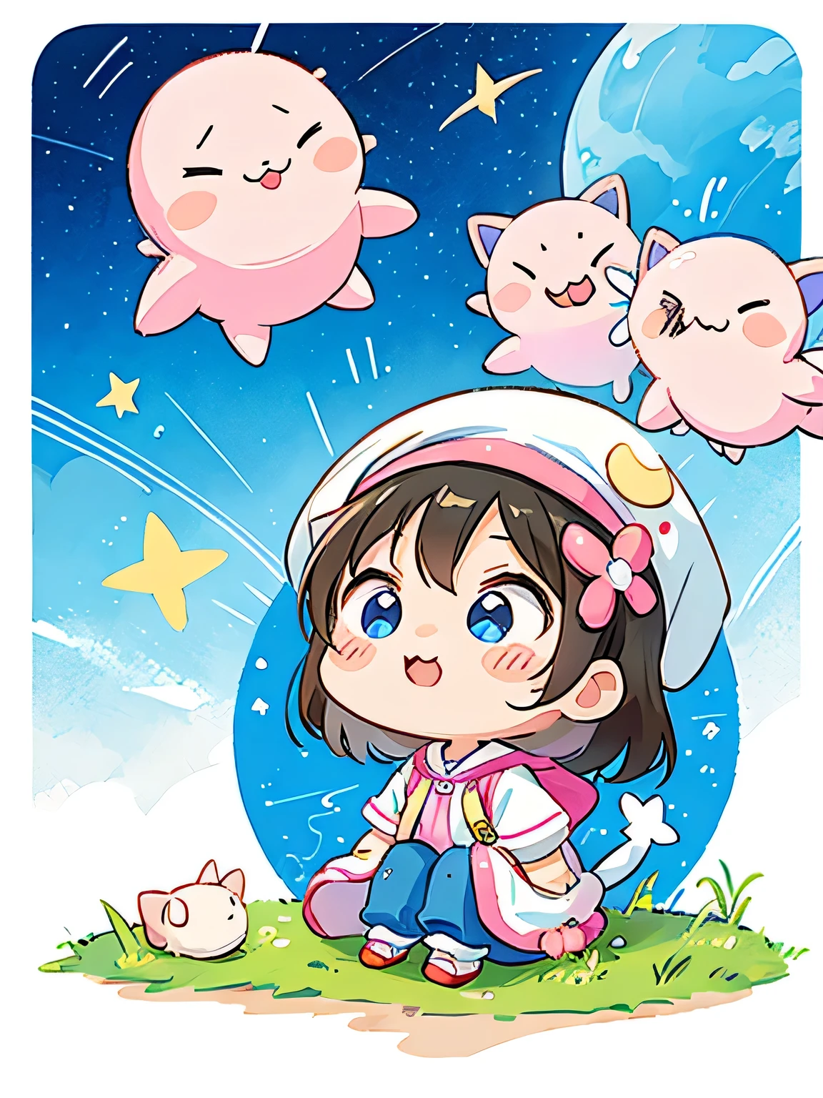 Ai Yazawa style, Kawaii Design, Chibi、Cute Alien, shooting star
