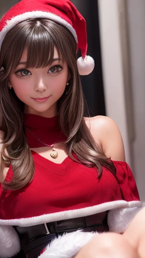 ((Tabletop, highest quality, High resolution, Hmph, Perfect Pixel, 4K, Hmph, Hmph))), One Girl, single, alone, Beauty、The whole body is visible、 ((Mid-wave hair, bangs, Brown Hair)), ((Brown eyes, Beautiful eyelashes, Realistic eyes)), ((Detailed face, Blushing:1.2)), ((Smooth texture:0.75, Realistic texture:0.65, Realistic:1.1, Anime CG Style)), Medium chest, Dynamic Angle, Perfect body, (Santa Claus Costume、Red knitted hat、Red and white off-the-shoulder sweater、Deep cleavage,red and white flared skirt、Black garter stockings)、Earrings、necklace、Sitting on the floor、Pink Panties、Luxury Hotel Christmas 、()、、、(Embarrassing, Embarrassing, Lying with a panicked smile.、、Shot to the knee,