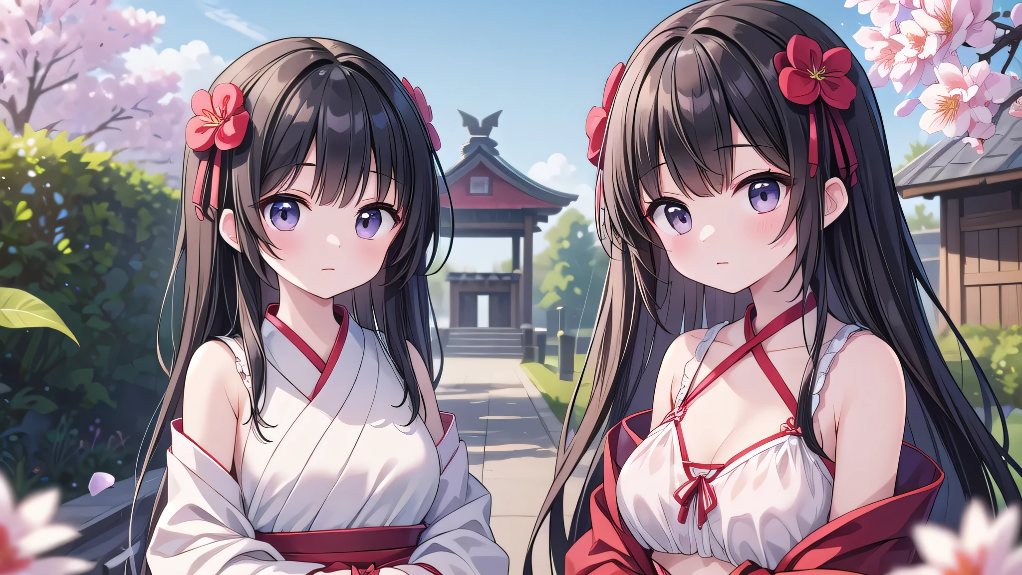 Normal of chest、masterpiece、8K wallpapers incorporating detailed CG、Two girls and two boys、14 years old、Baby Face、beautiful、Genuine、Blurred、Blurred_background、Blurred_prospect、branch、Plum offlower、depth_of_Field、flower、gem、nose、Realistic、pale black hair、alone、Shrine maiden costume、Hide your fingers、Hide your arms、Just put on a bra、whole body、Long Hair、Straight bangs、