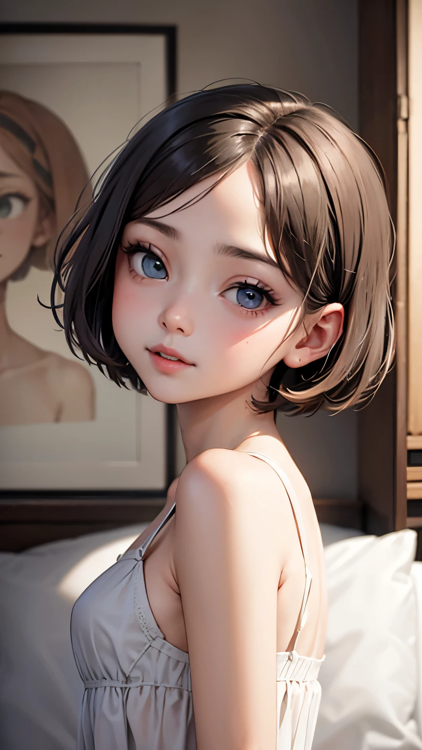 short hairと白のシャツ, short hair, 前髪のあるshort hair, Woman with pretty face, Cute little face in a portrait, French Bob, White skin!!, 短い茶色の髪とBig eyes, Soft Portrait Shot 8k, Beautiful light、Big eyes, Beautiful girl, Young girl with bob cut, Best image quality, Tabletop, Leonardo da Vinci's Notebooks Da Vinci, Leonardo da Vinci's manuscript in the background,Swimwear,