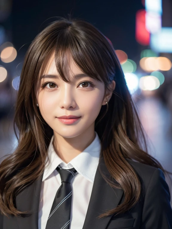 Tabletop、highest quality、Genuine、Very detailed、finely、High resolution、8k wallpaper、One beautiful woman、、、light brown disheveled hair、Wear a business suit、Sharp focus、Perfect dynamic composition、Beautiful and detailed、Thinning hair、Detailed Genuine skin texture、smile、Close-up portrait、Model Body Type、Tokyo at Night、