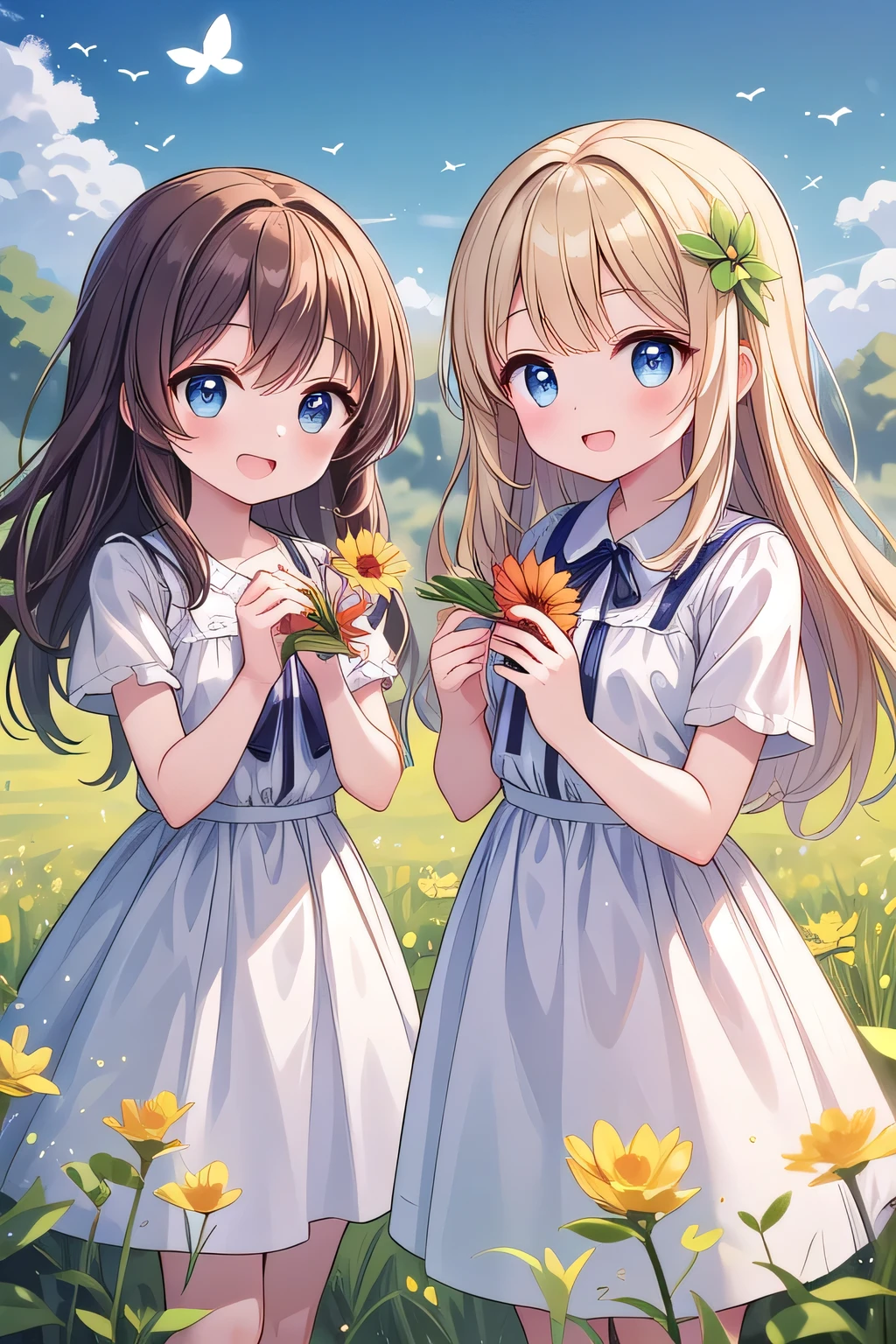 Two pure and innocent girls,(10 years old)、(2 people)、Cute face、Beautiful Eyes、Odd Eye、Natural Beauty、Warm sunshine、Wildflowers swaying in the wind々Surrounded by、Enjoying time in the fields。Butterflies and birds flutter around her、Creates a playful atmosphere、fun、smile、
