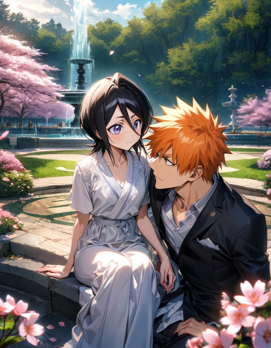 absurdres, highres, ultra detailed, HDR, master piece, best quality, extremely detailed face and eyes, Kurosaki Ichigo, orange hair, expressive brown eyes, Bleach, Kuchiki Rukia, black hair, short hair, expressive purple eyes, a handsome man together with a beautiful woman, couple, pink flowers, park, cherry blossom, fountain